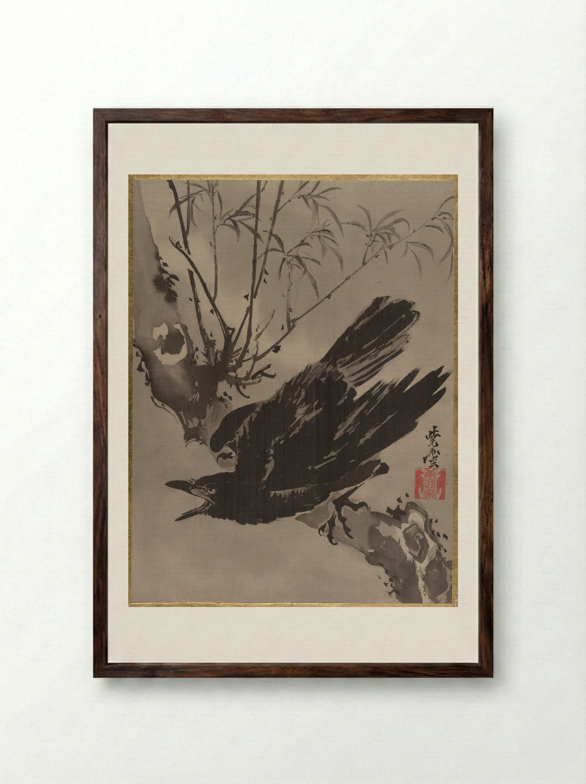 Crow on a Branch - Kawanabe Kyōsai - Framed Print Dark Wood