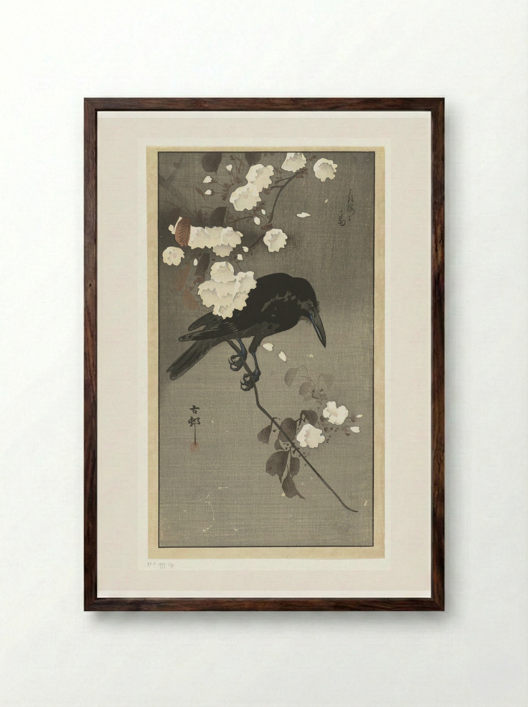 Crow on a Cherry Blossom Branch - Matsuki Heikichi - Framed Print Dark Wood