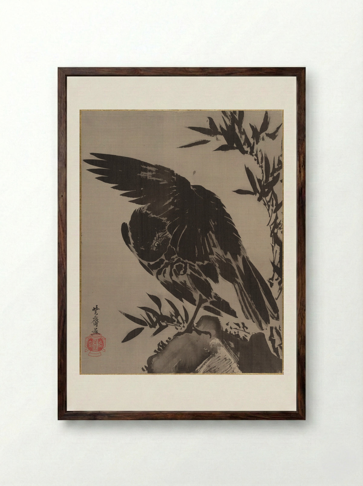 Crow on a Rock - Kawanabe Kyōsai - Framed Print Dark Wood