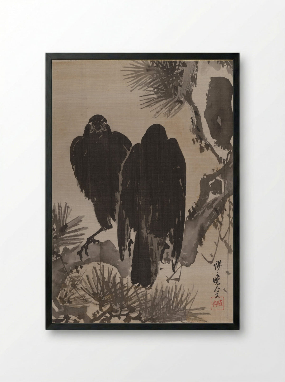 Crows on a Pine Branch - Kawanabe Kyôsai - Framed Print Black
