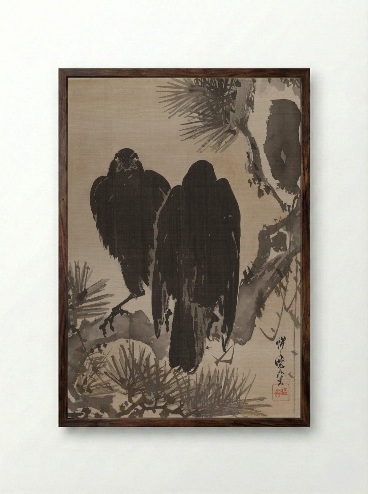 Crows on a Pine Branch - Kawanabe Kyôsai - Framed Print Dark Wood
