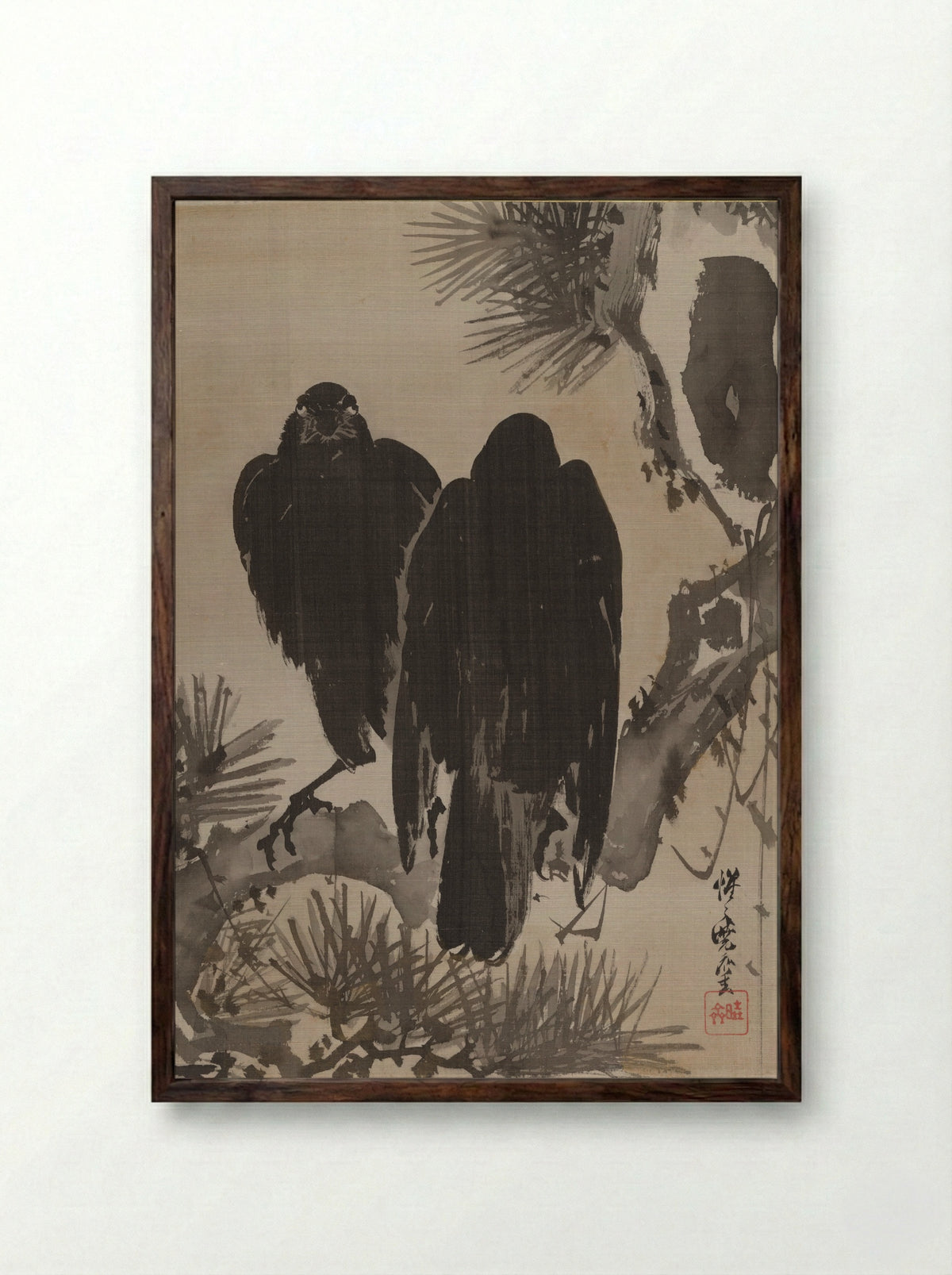 Crows on a Pine Branch - Kawanabe Kyôsai - Framed Print Dark Wood