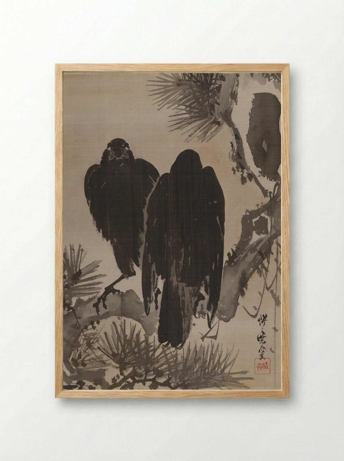 Crows on a Pine Branch - Kawanabe Kyôsai - Framed Print Wood