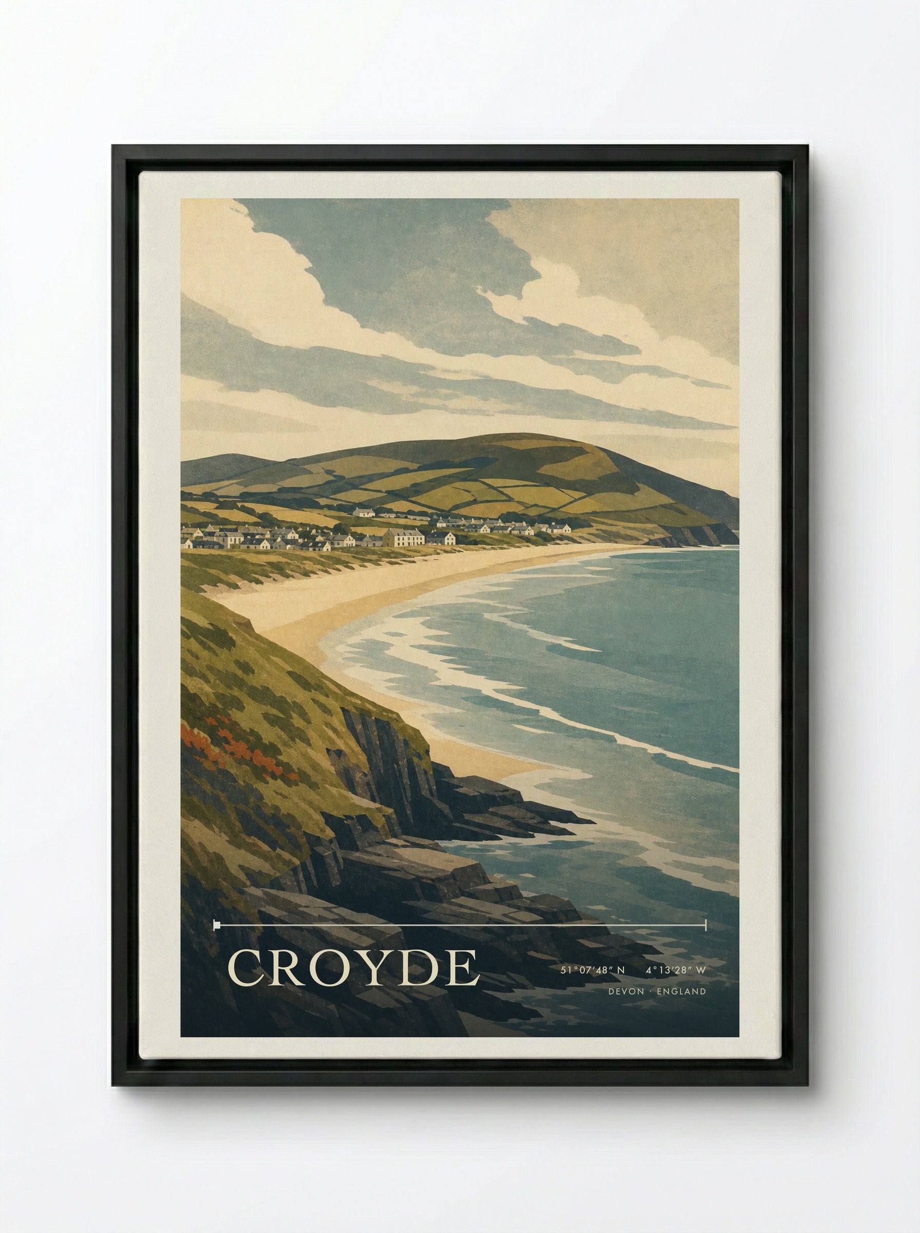 Croyde Devon England Travel Poster - Framed Canvas Black