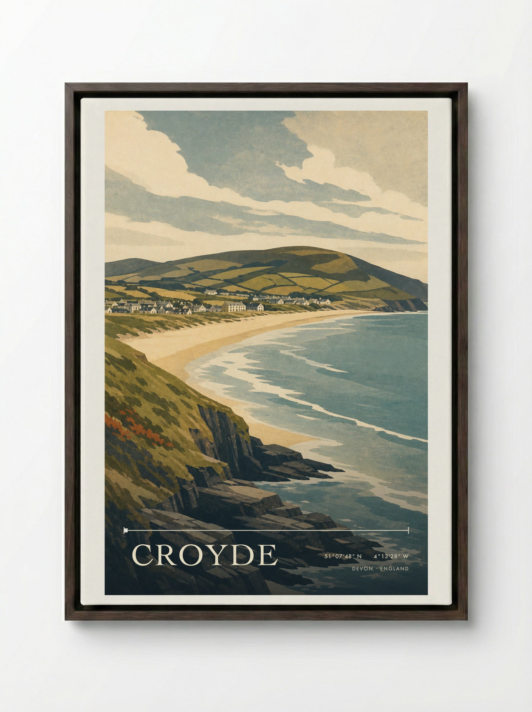 Croyde Devon England Travel Poster - Framed Canvas Dark Wood