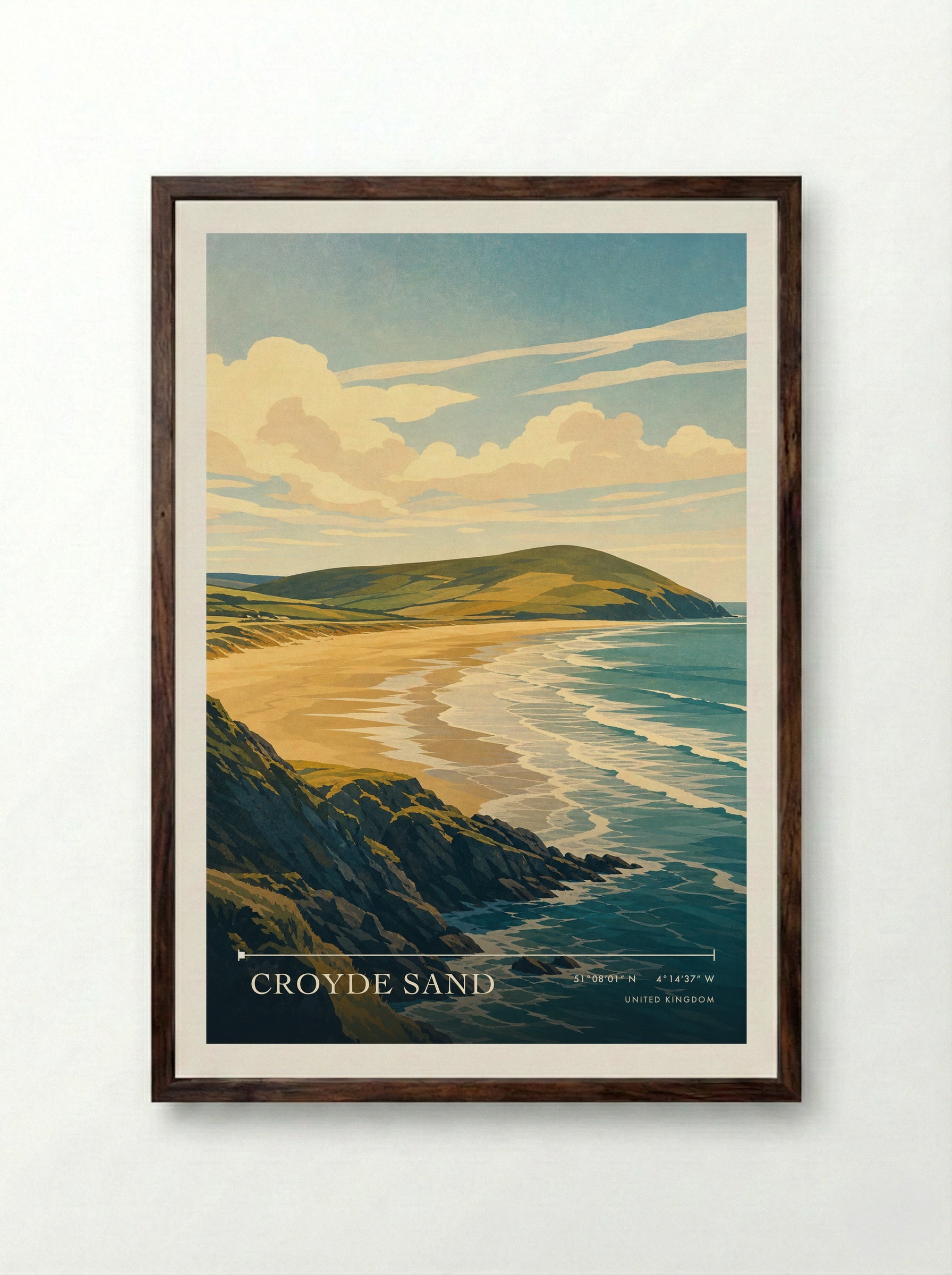 Croyde Sand United Kingdom Travel Poster - Framed Print Dark Wood