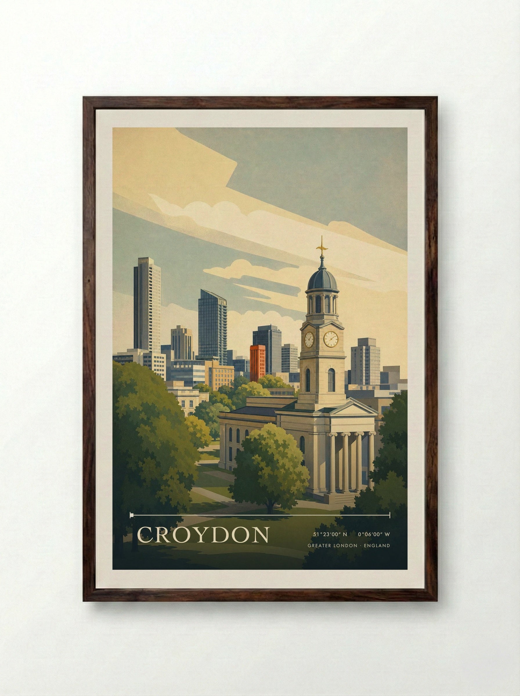 Croydon Greater London England Travel Poster - Framed Print Dark Wood