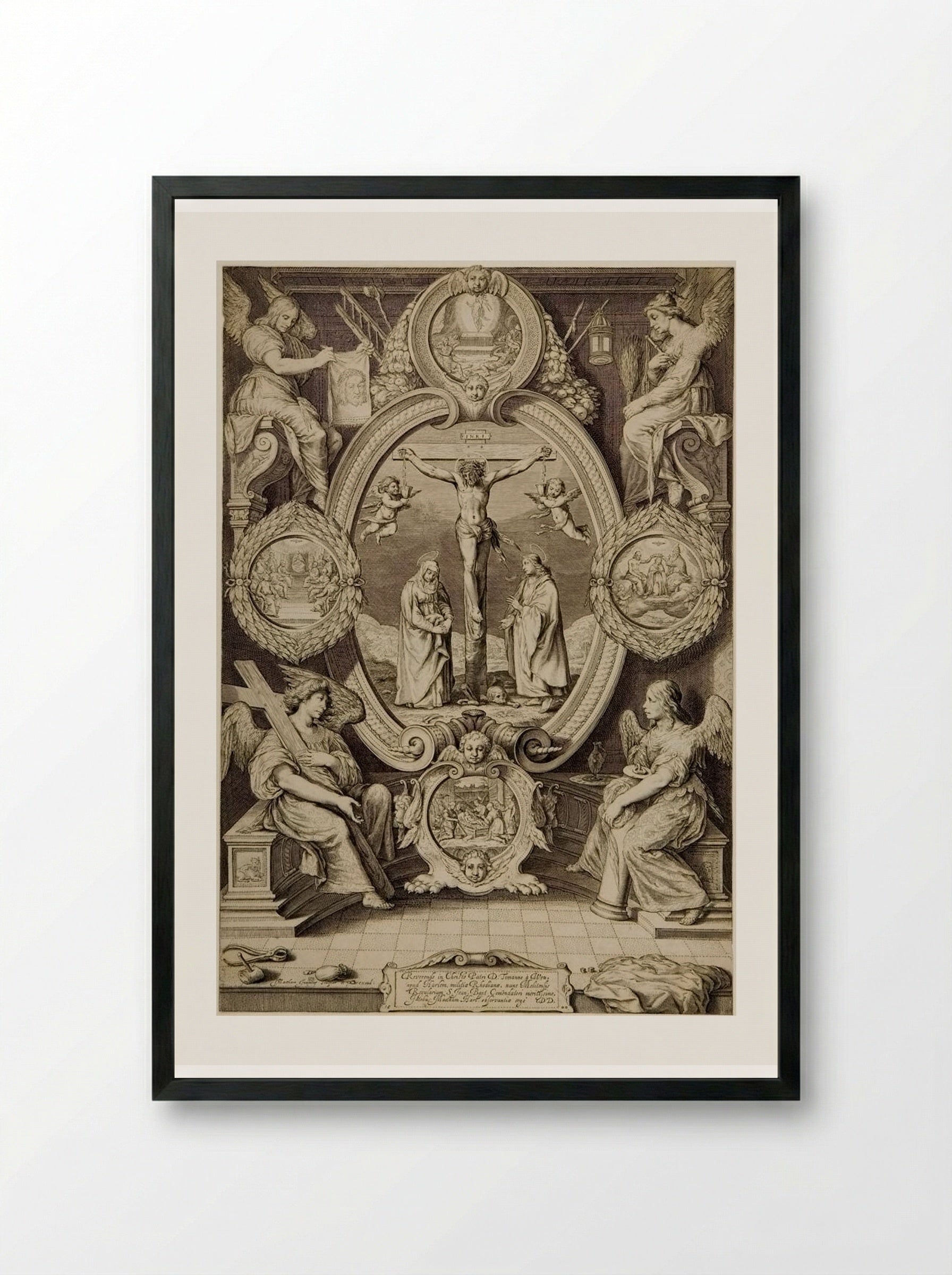 Crucifixion with the Virgin and Saint John, with Four Angels with the Instruments of the Passion - Jacob Matham - Framed Print Black