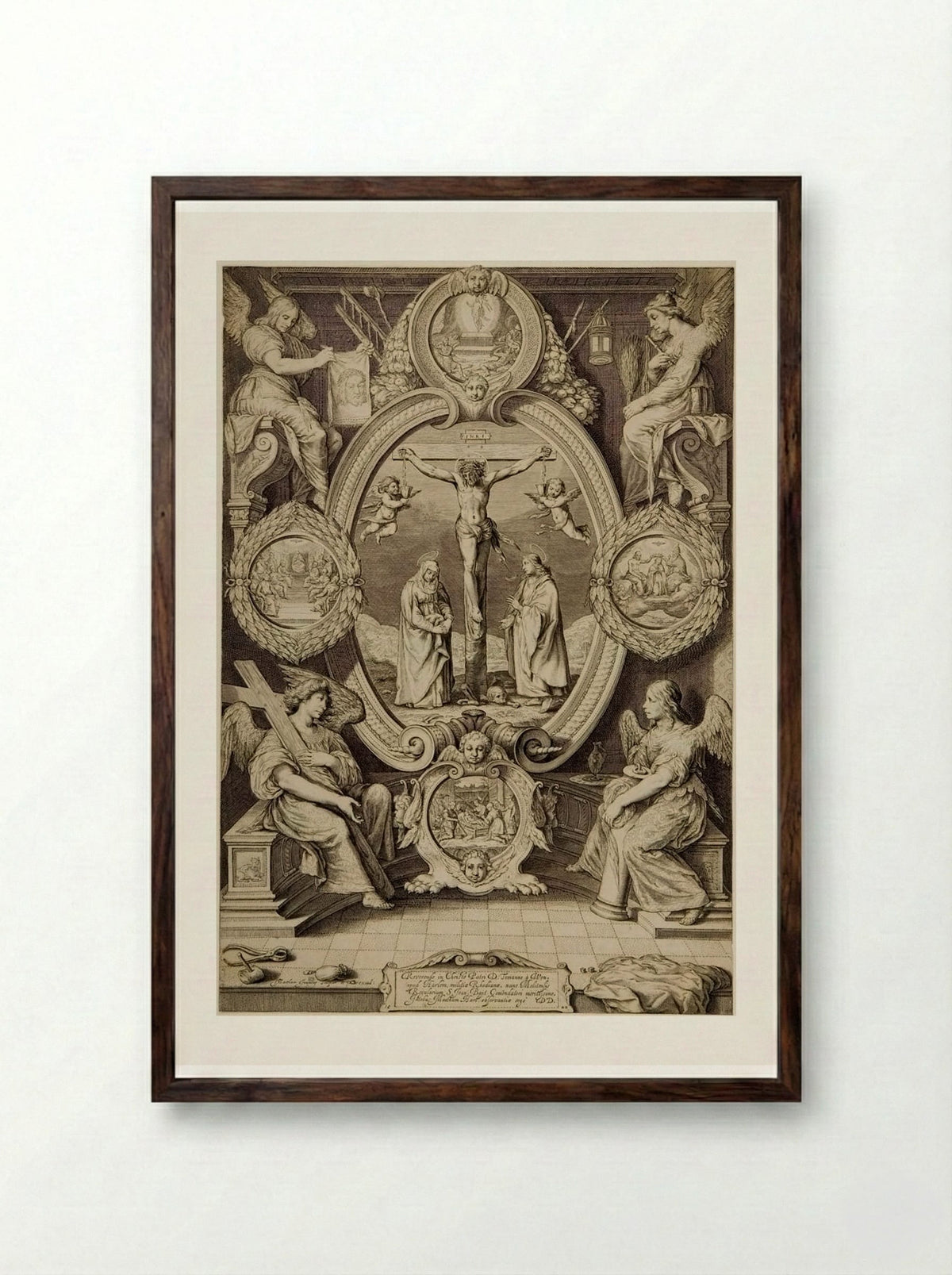 Crucifixion with the Virgin and Saint John, with Four Angels with the Instruments of the Passion - Jacob Matham - Framed Print Dark Wood