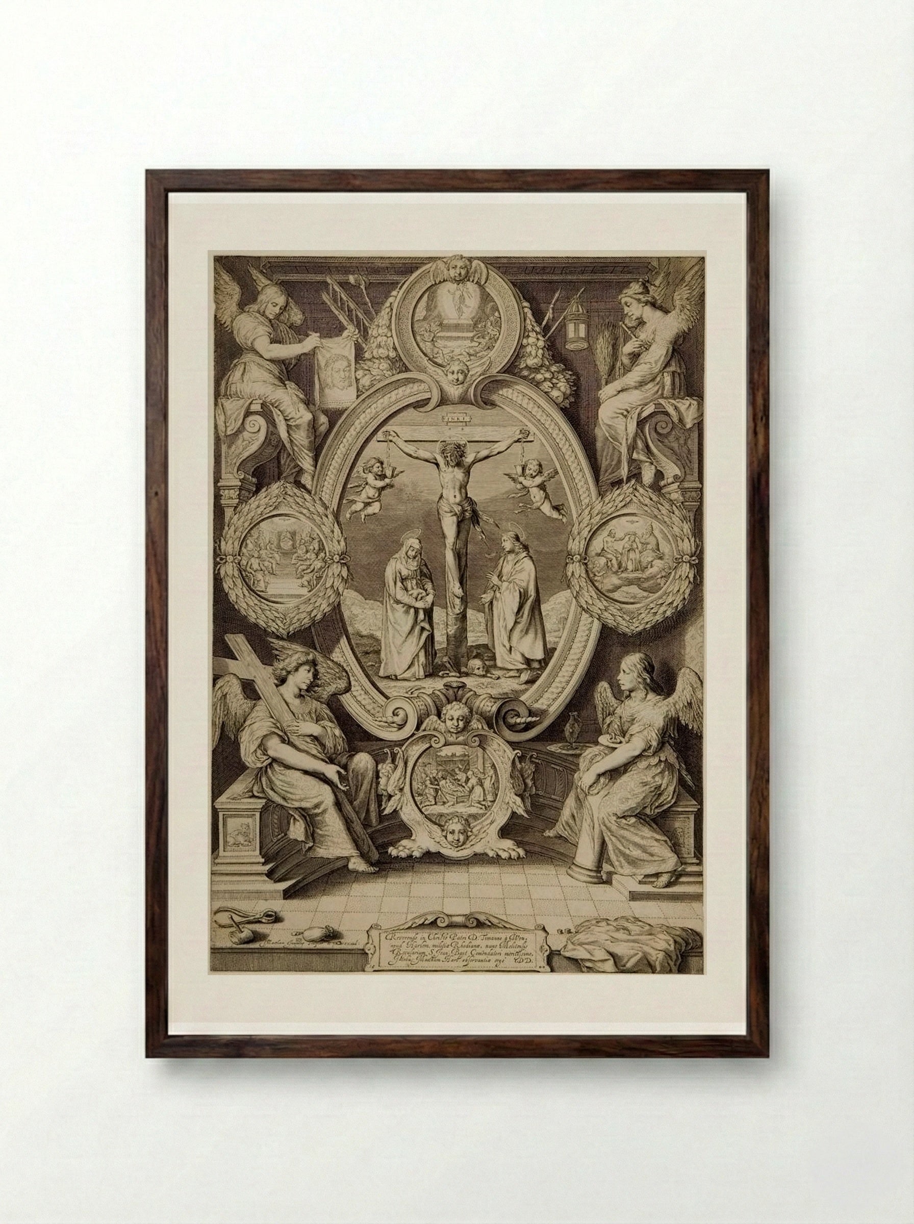 Crucifixion with the Virgin and Saint John, with Four Angels with the Instruments of the Passion - Jacob Matham - Framed Print Dark Wood