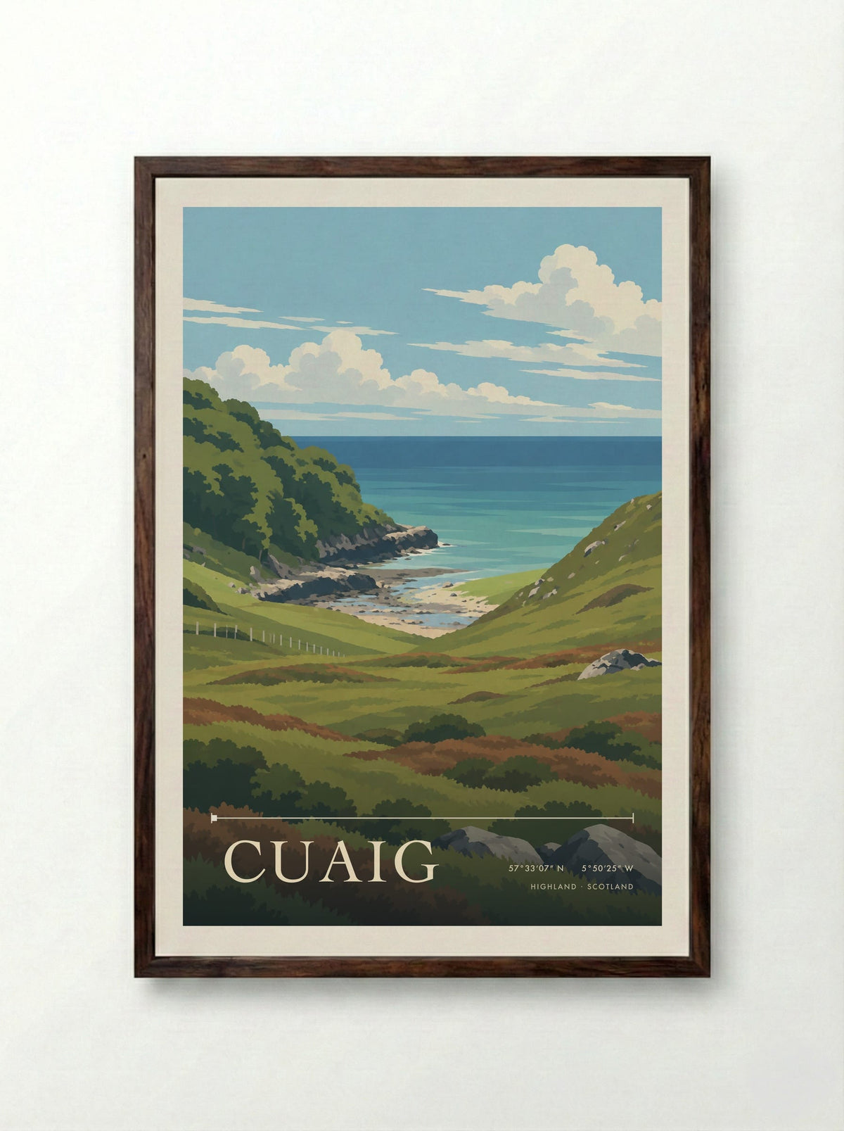 Cuaig, Highland | Travel Poster - Framed Print Dark Wood