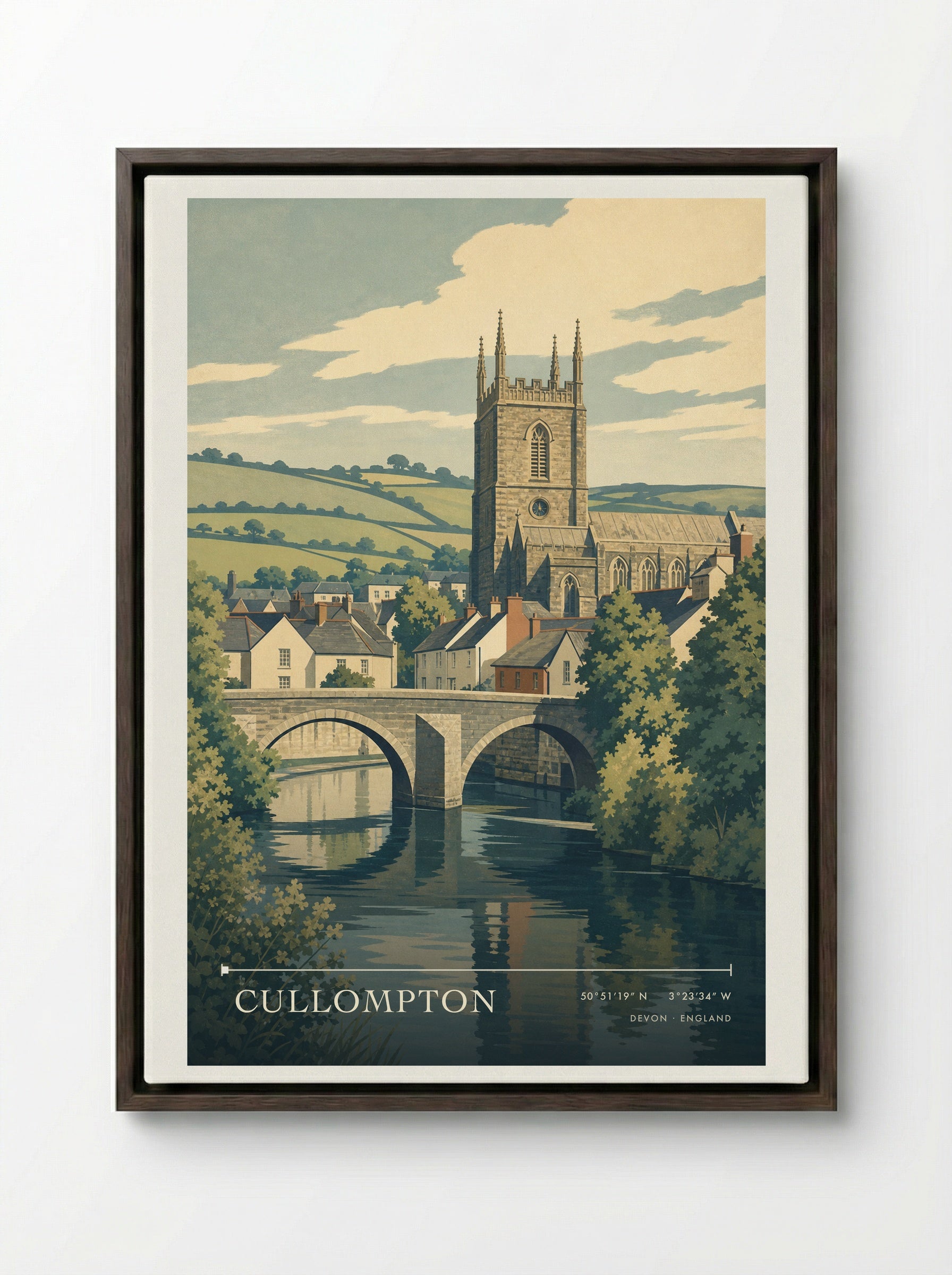 Cullompton Devon England Travel Poster - Framed Canvas Dark Wood