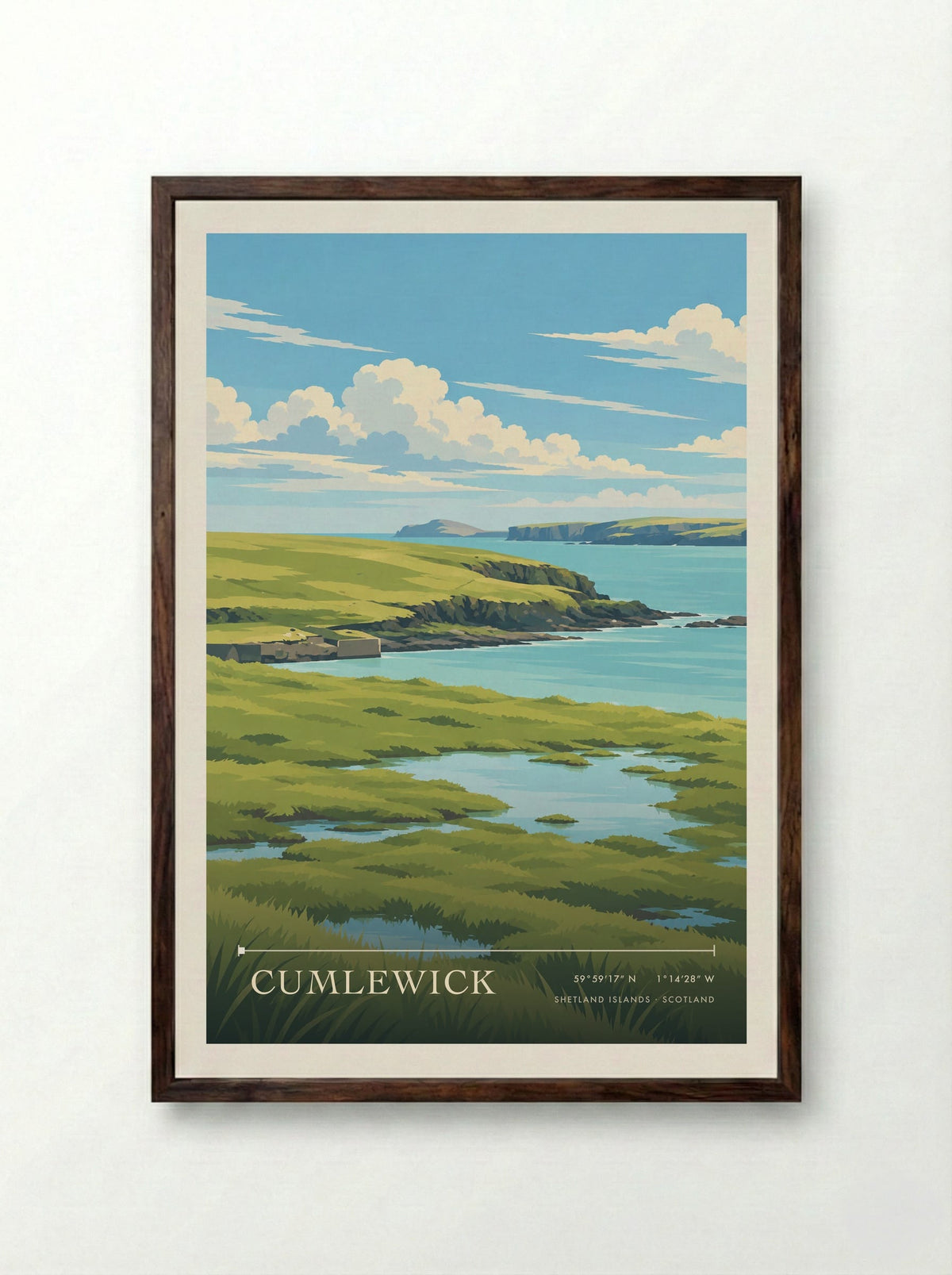Cumlewick, Shetland Islands | Travel Poster - Framed Print Dark Wood