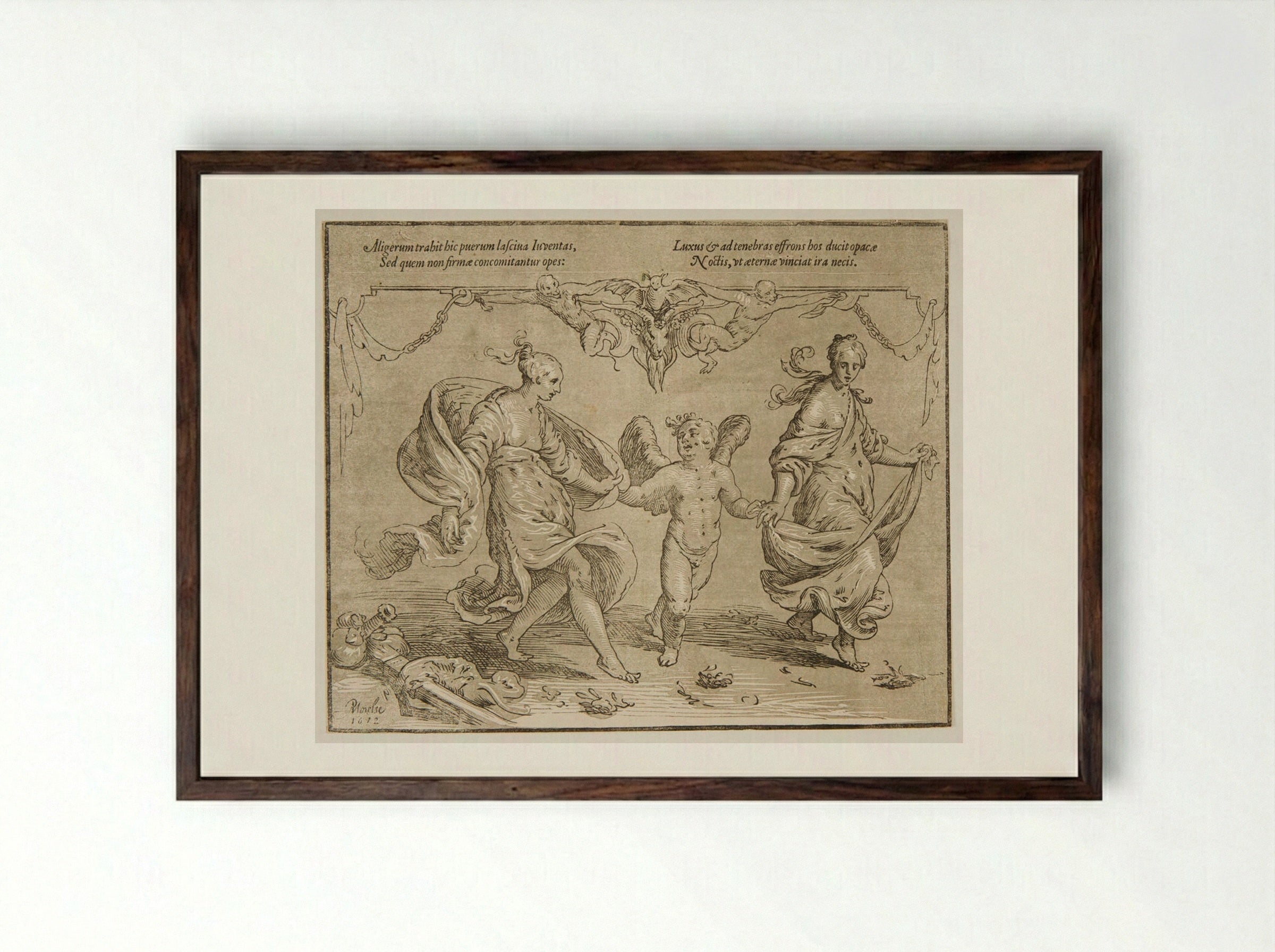 Cupid Led by Two Dancing Women - Paulus Moreelse - Framed Print Dark Wood