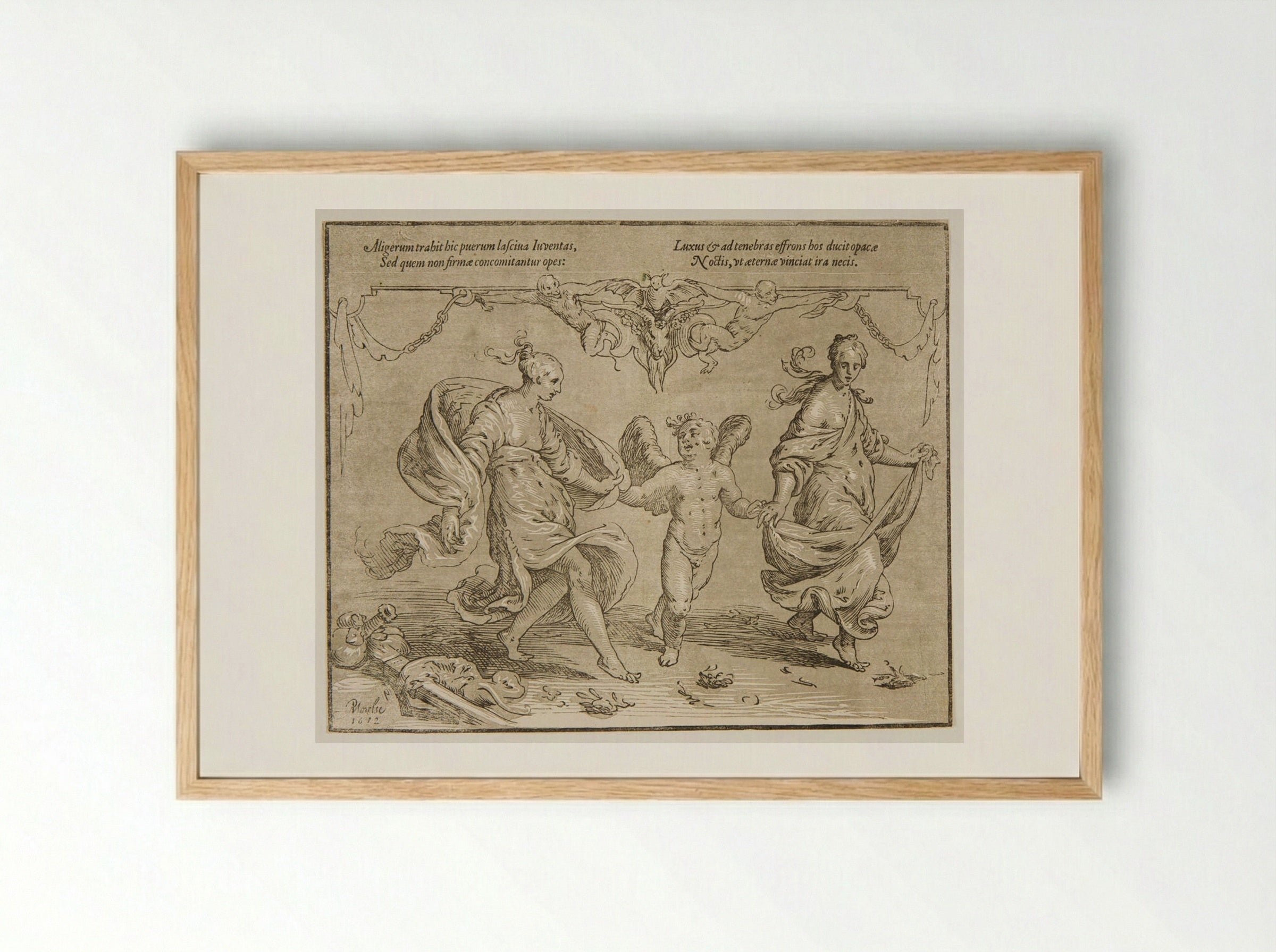 Cupid Led by Two Dancing Women - Paulus Moreelse - Framed Print Wood