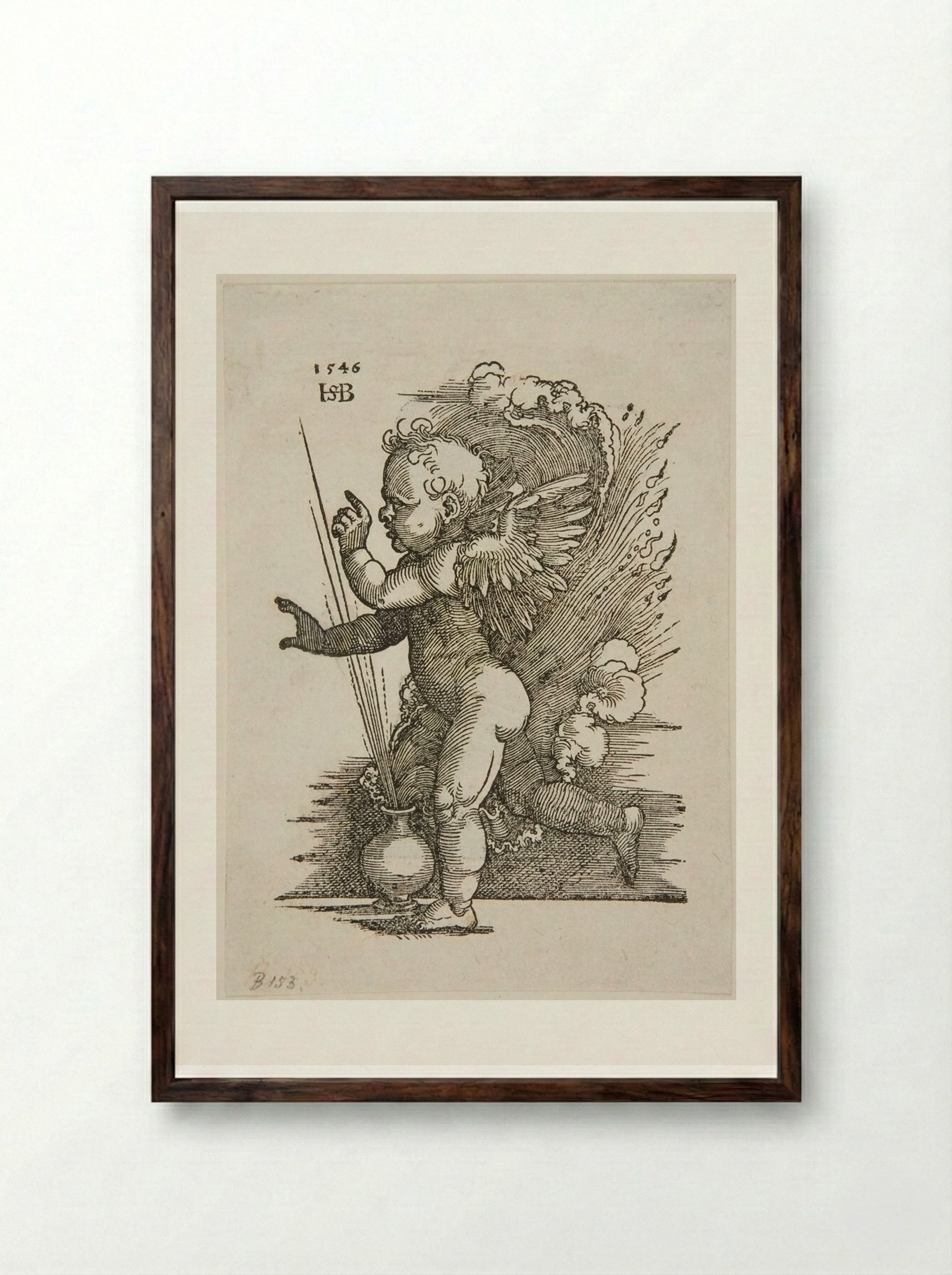 Cupid Running to Left - Sebald Beham - Framed Print Dark Wood