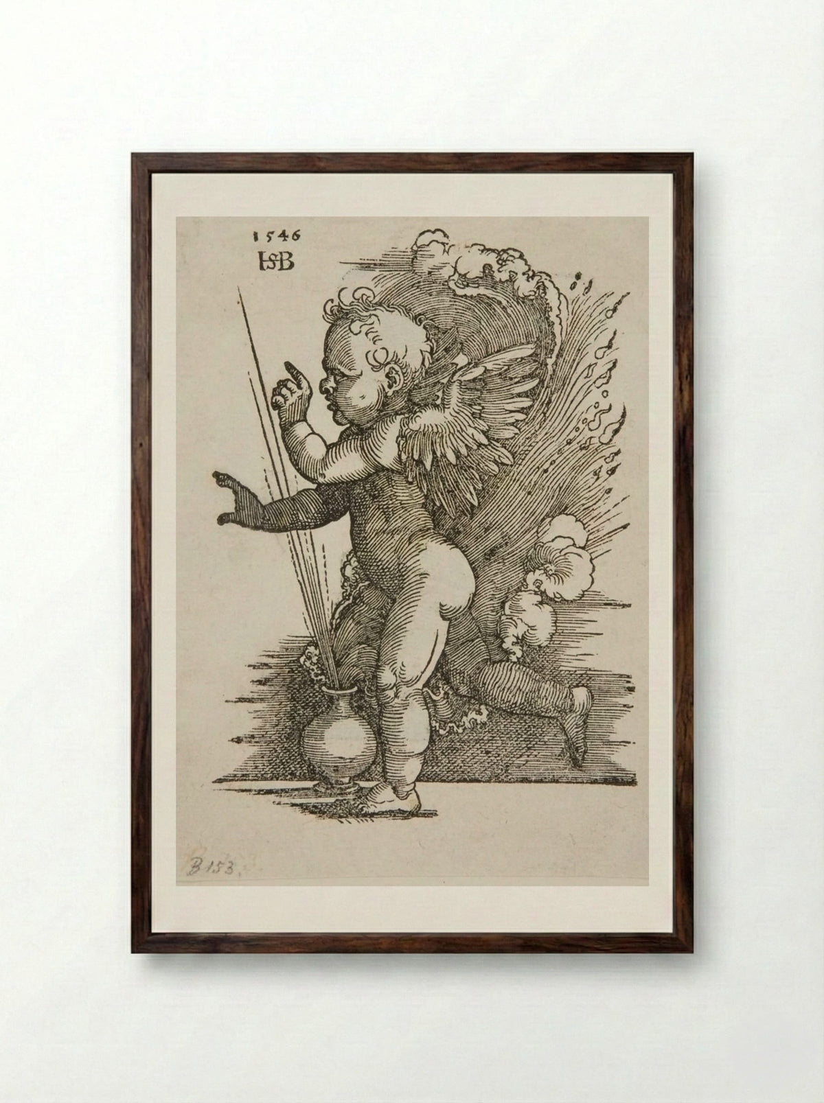 Cupid Running to Left - Sebald Beham - Framed Print Dark Wood