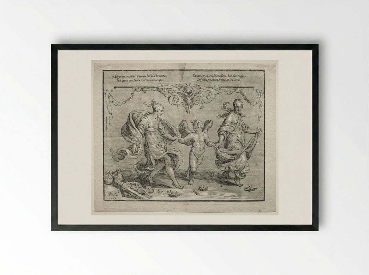 Cupid dancing with two allegorical women - Paulus Moreelse - Framed Print Black