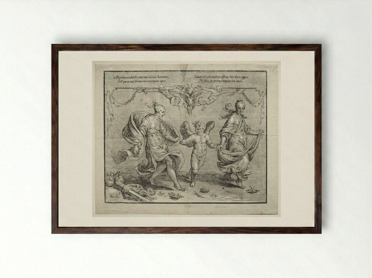 Cupid dancing with two allegorical women - Paulus Moreelse - Framed Print Dark Wood