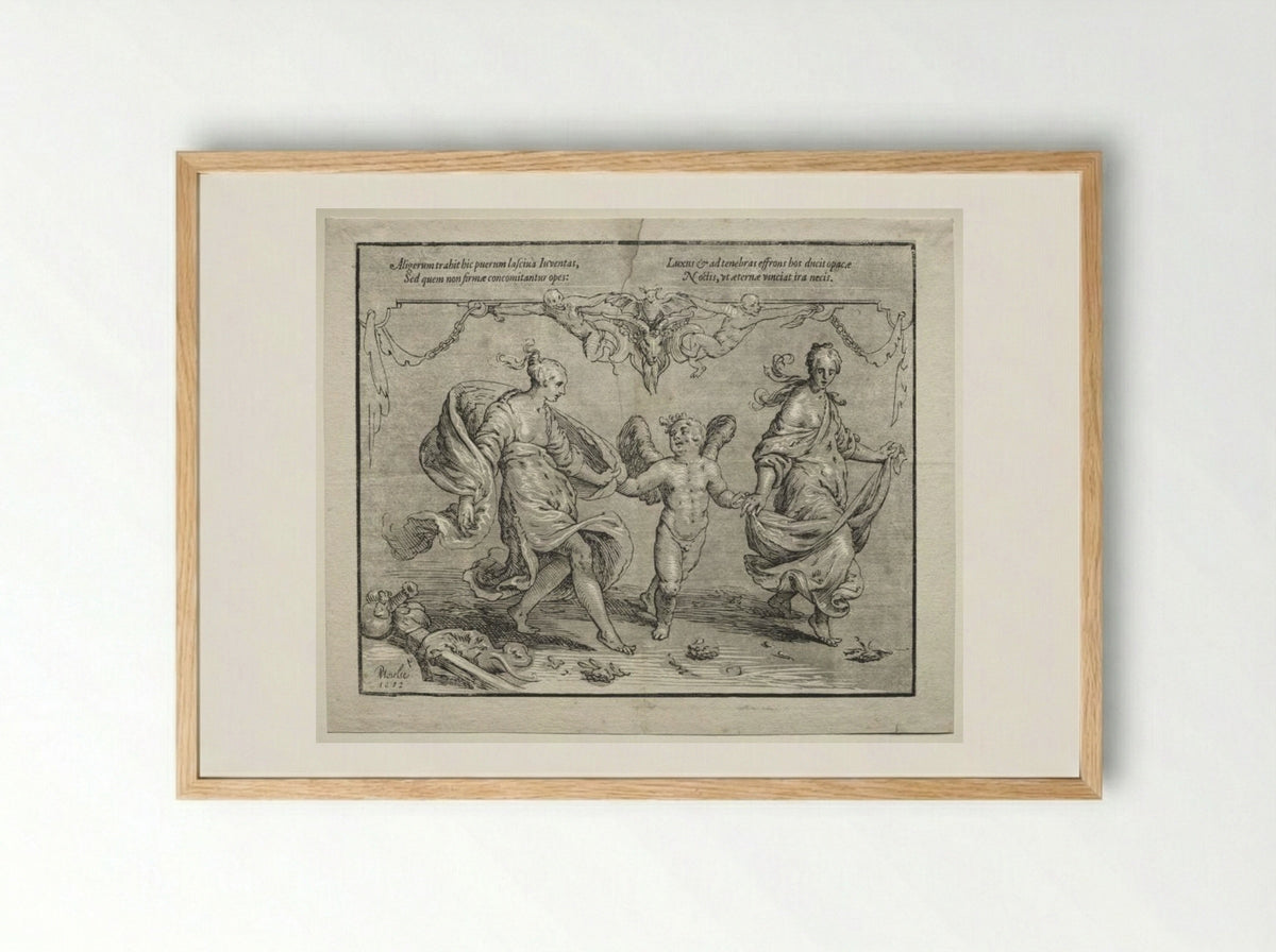 Cupid dancing with two allegorical women - Paulus Moreelse - Framed Print Wood