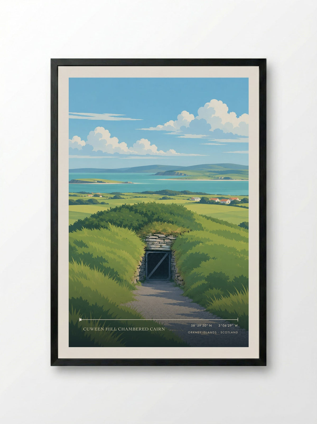 Cuween Hill Chambered Cairn, Orkney Islands | Travel Poster - Framed Print Black