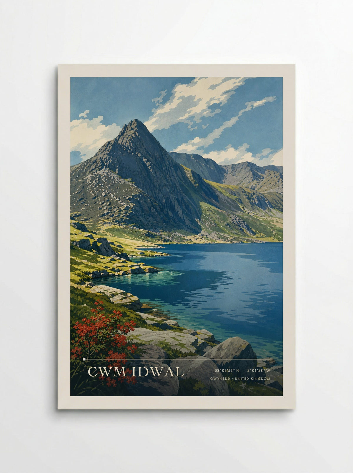 Cwm Idwal, Gwynedd travel poster: a blue mountain lake, rocky shore and craggy Gwynedd ridges beneath bright clouds
