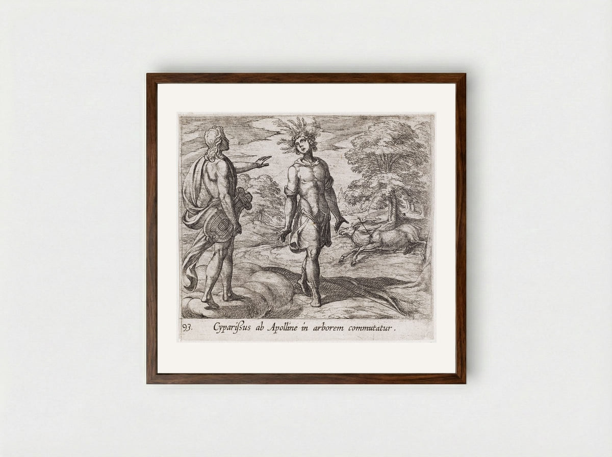 Cyparissus Changed into a Cypress Tree - Antonio Tempesta - Framed Print Dark Wood