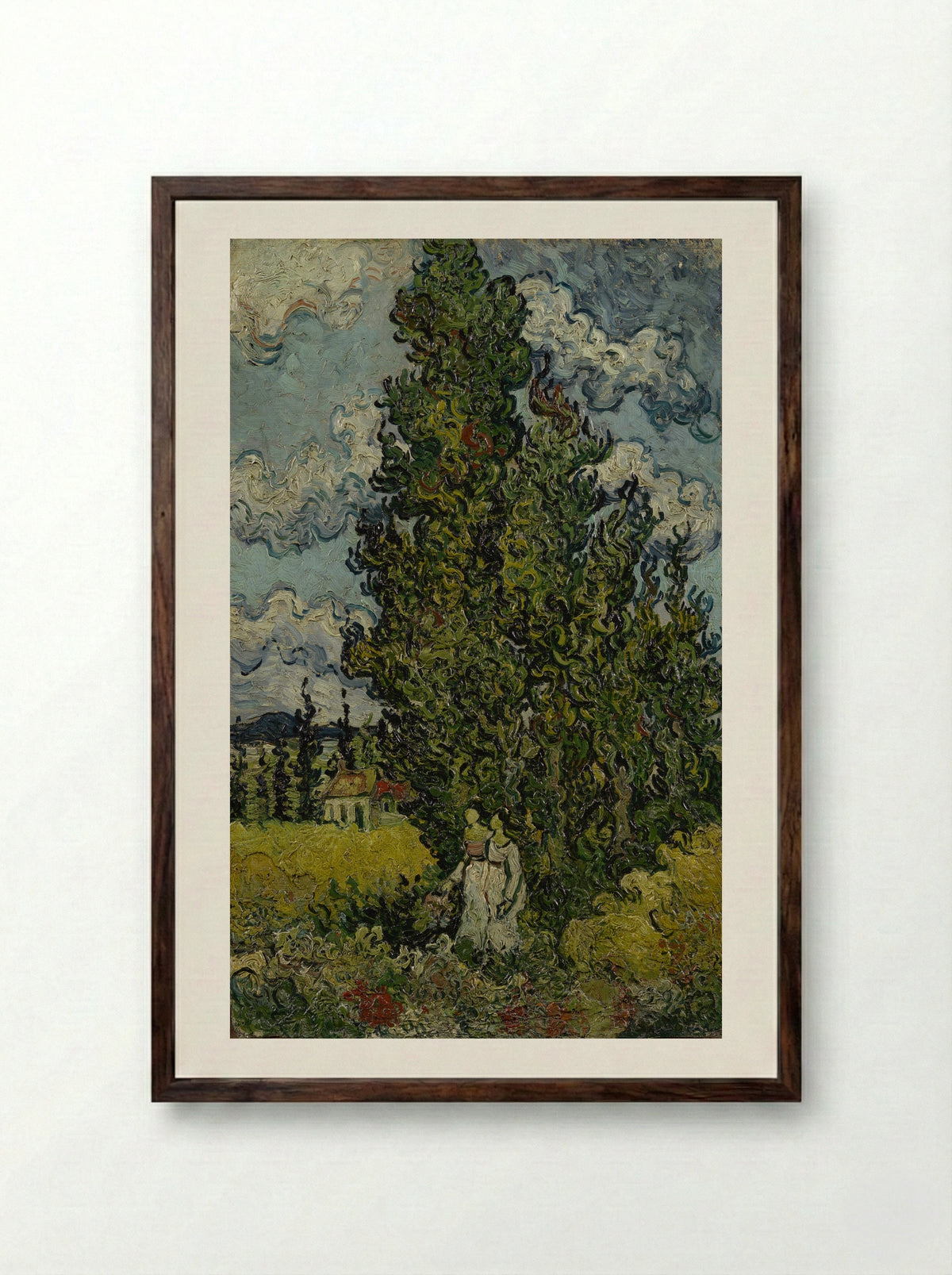 Cypresses and Two Women - Vincent van Gogh - Framed Print Dark Wood