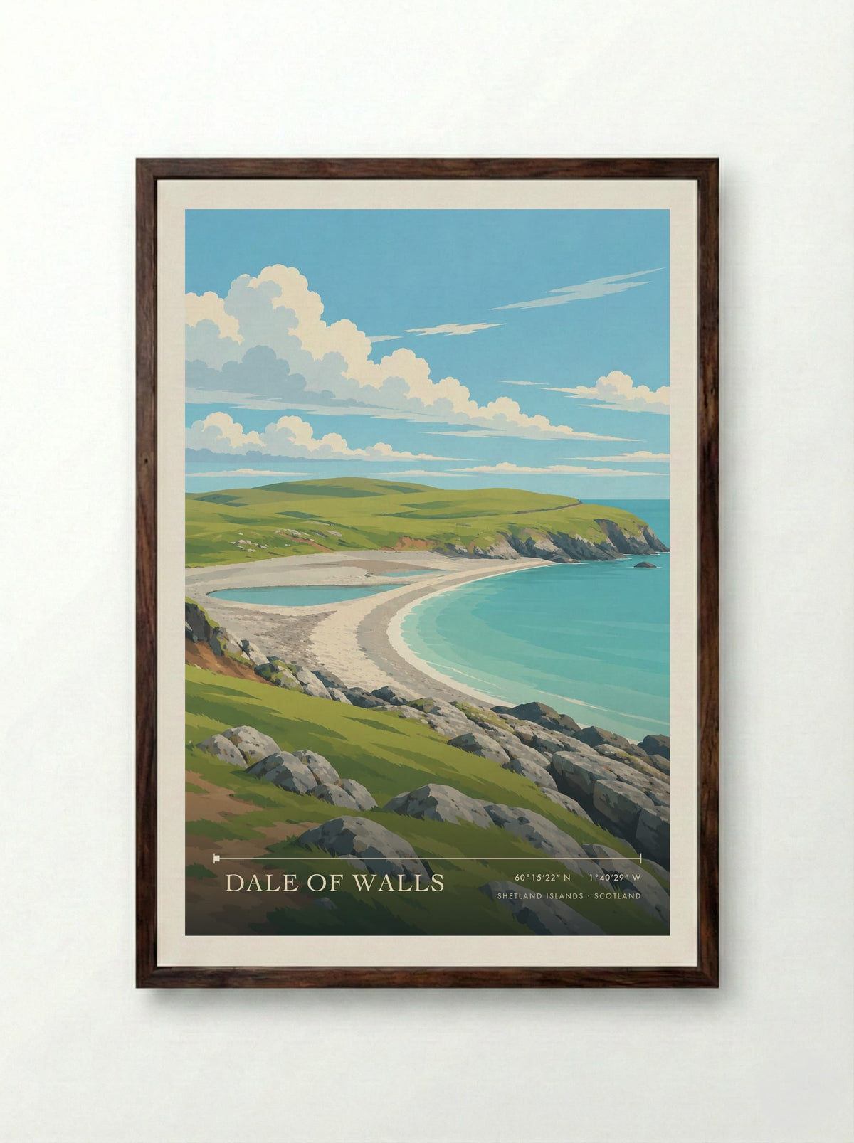 Dale of Walls, Shetland Islands | Travel Poster - Framed Print Dark Wood
