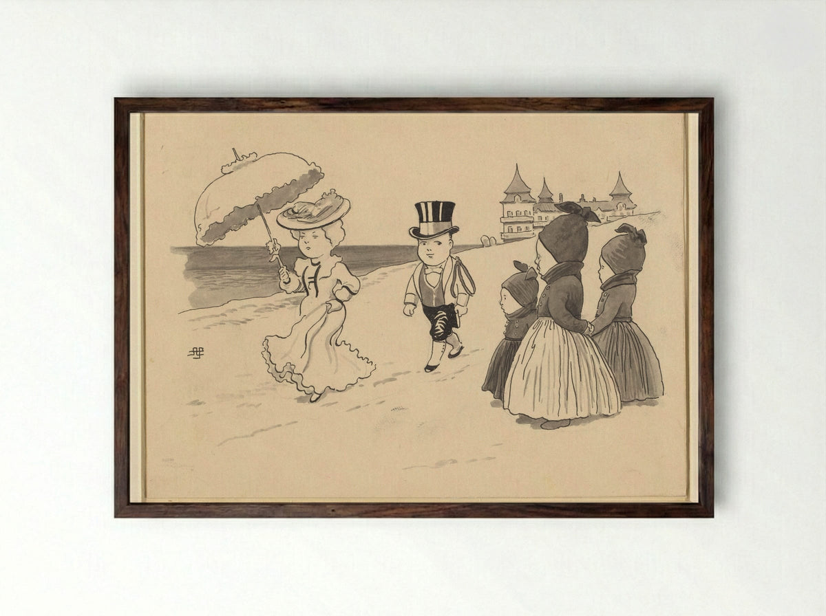 Dame gevolgd door een liverijknecht, drie kindertjes staan er naar te kijken - Alfred Schmidt - Framed Print Dark Wood