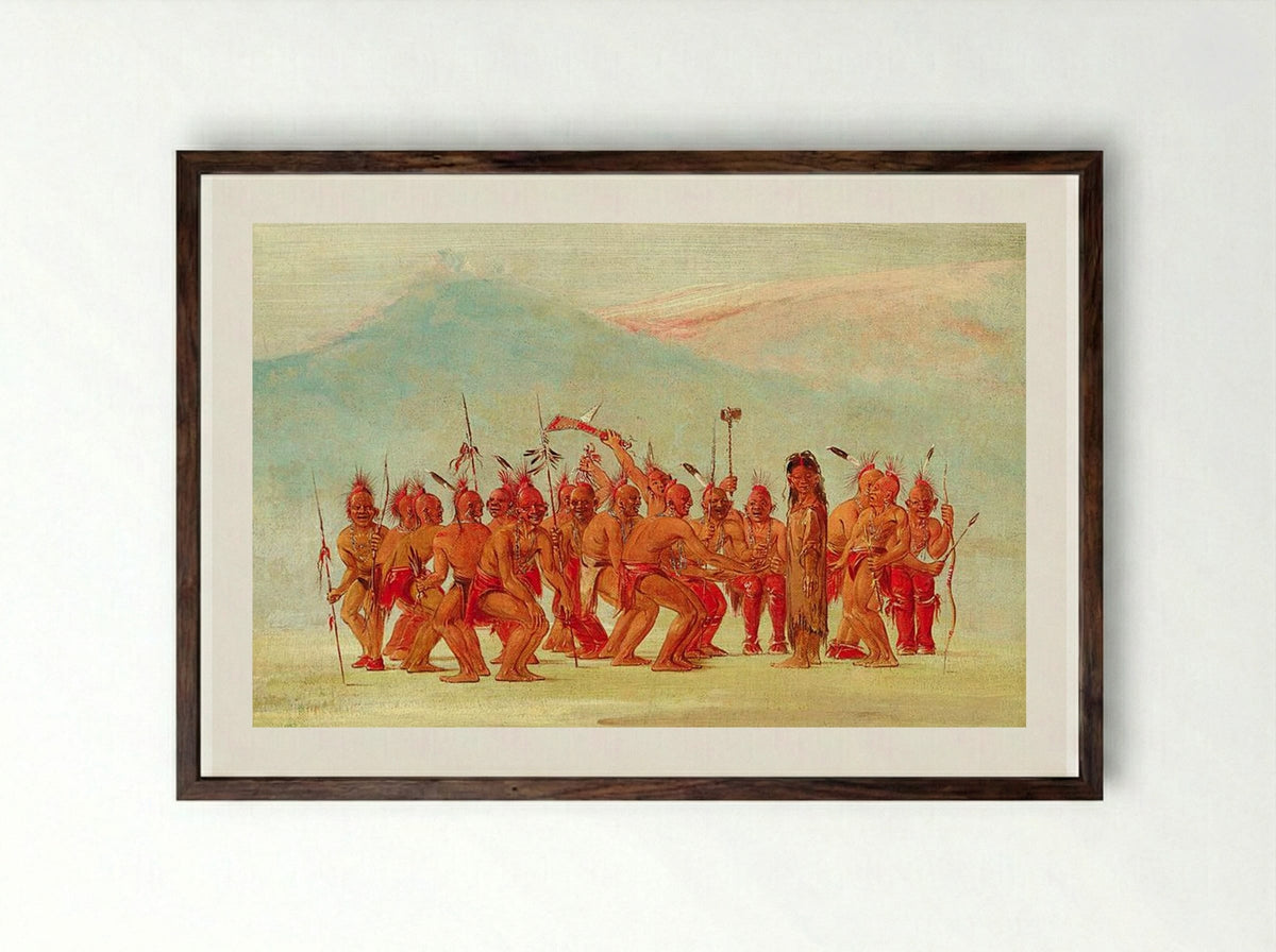 Dance to the Berdache (Sac and Fox) - George Catlin - Framed Print Dark Wood