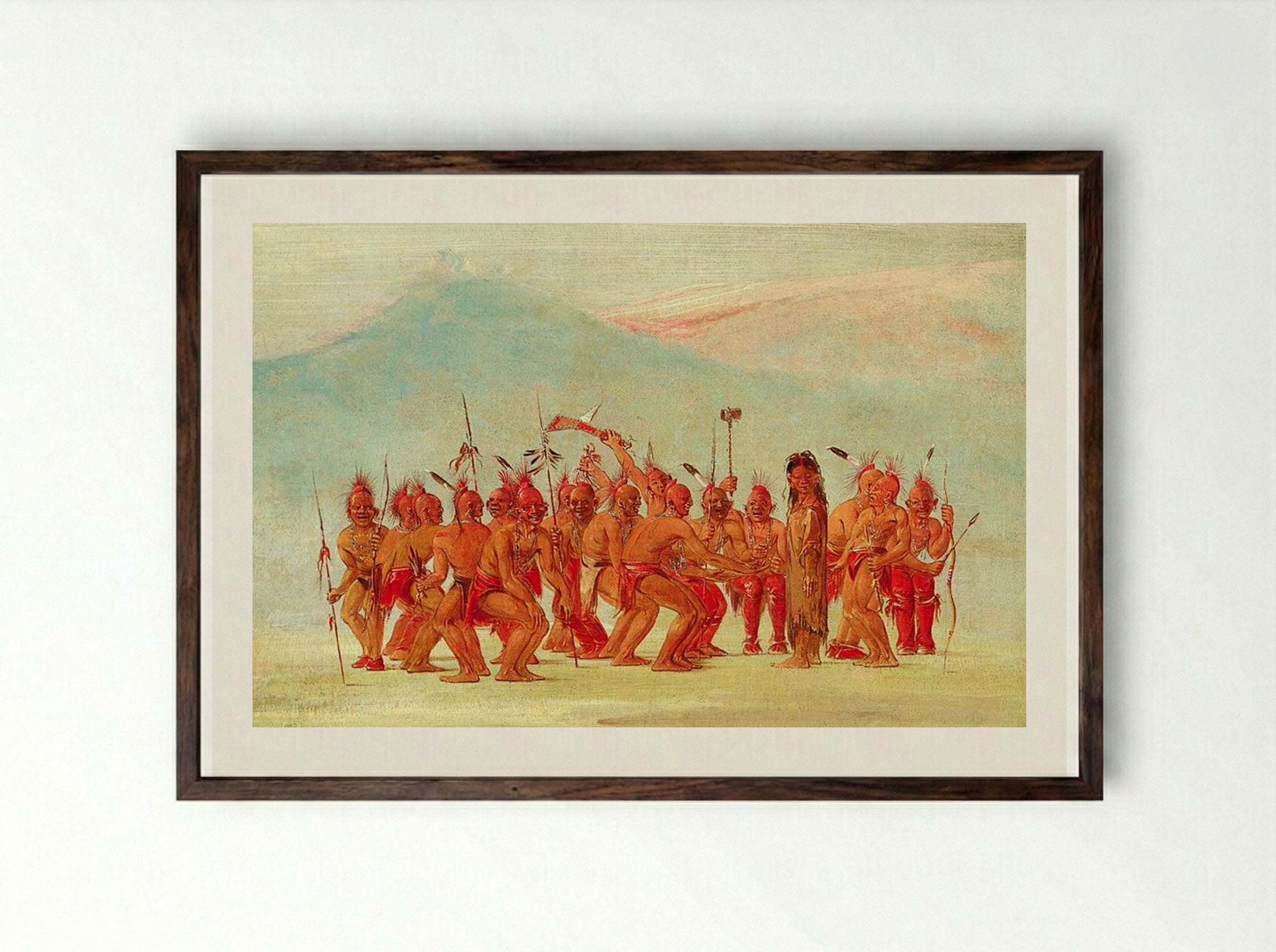 Dance to the Berdache (Sac and Fox) - George Catlin - Framed Print Dark Wood