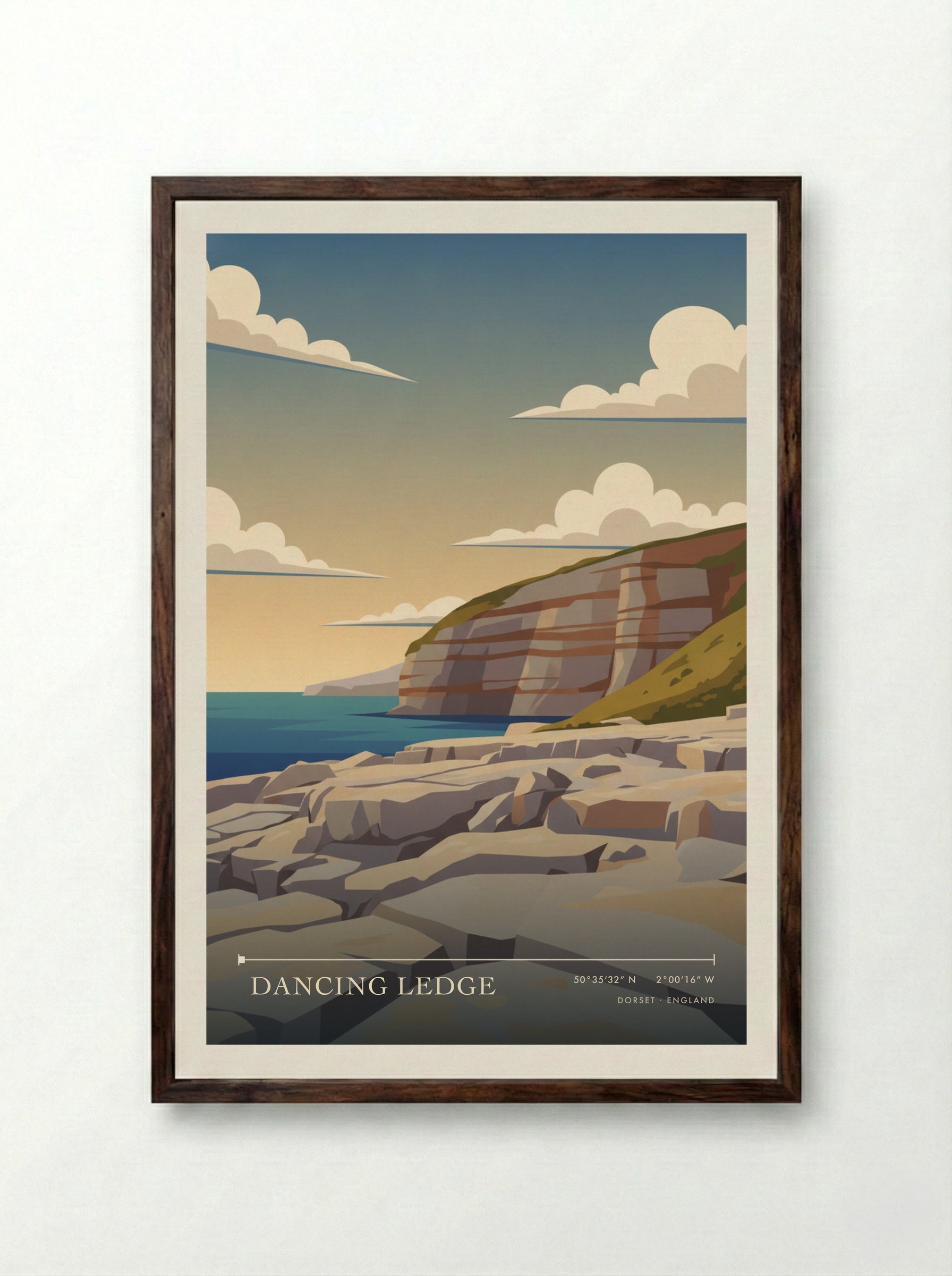Dancing Ledge Dorset England Travel Poster - Framed Print Dark Wood