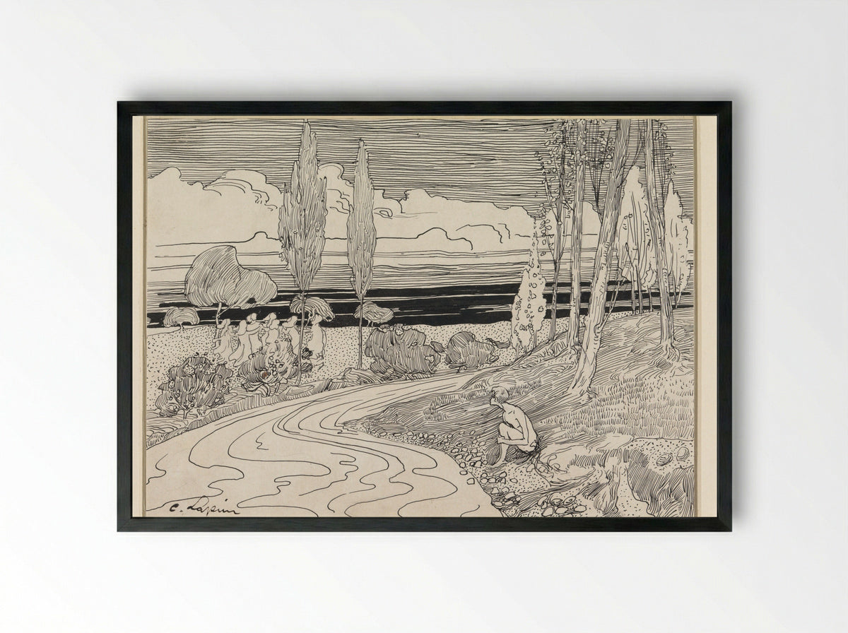 Dancing Women in a Field; A Boy Sitting by the Roadside - C. Lapine - Framed Print Black