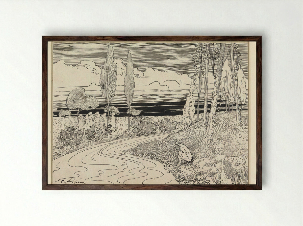Dancing Women in a Field; A Boy Sitting by the Roadside - C. Lapine - Framed Print Dark Wood