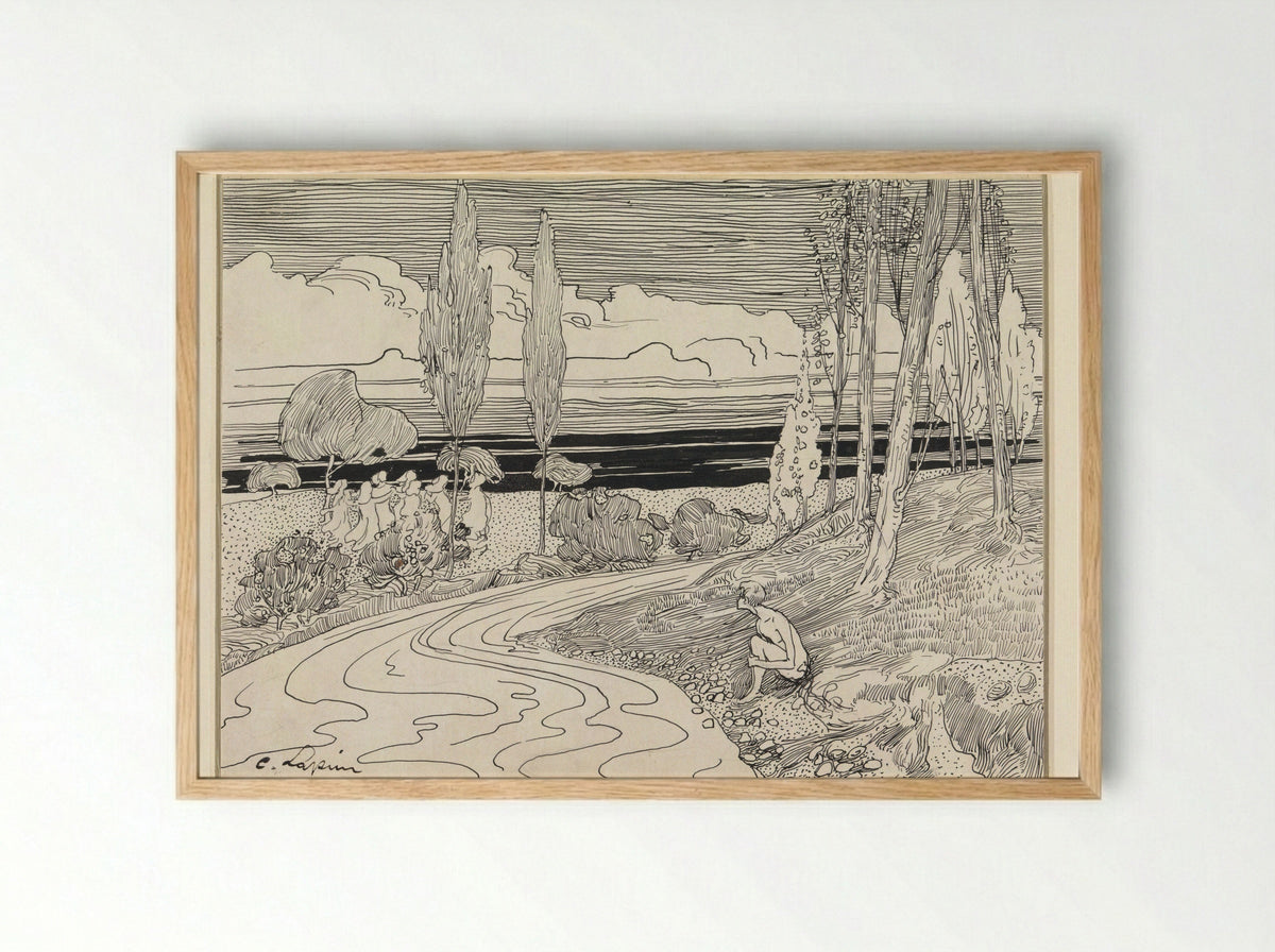 Dancing Women in a Field; A Boy Sitting by the Roadside - C. Lapine - Framed Print Wood