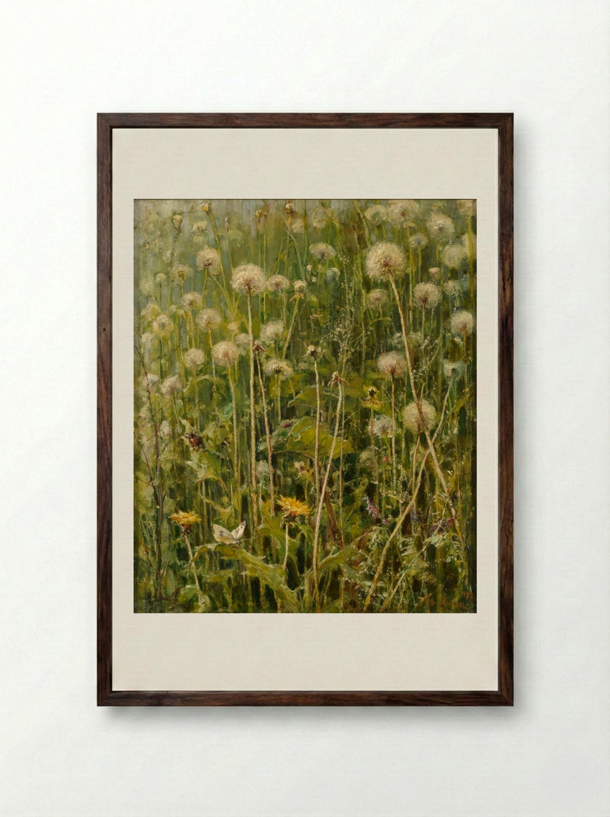 Dandelions in a Meadow - Julius Sergius von Klever - Framed Print Dark Wood