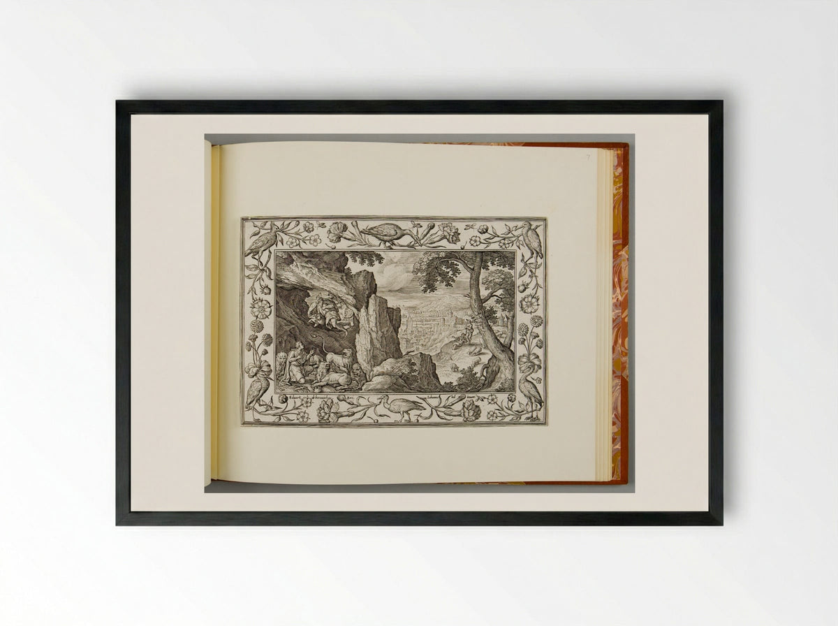 Daniel in the Lion's Den, with Birds, Carnations, and Roses - Adriaen Collaert - Framed Print Black