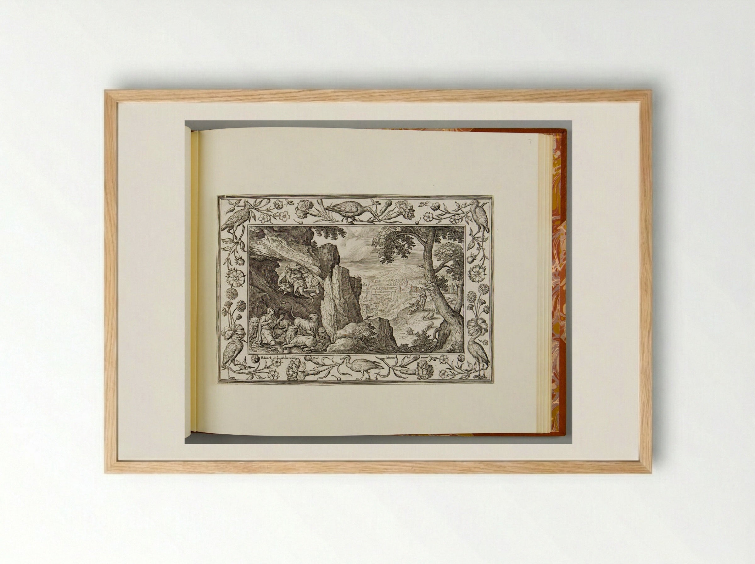 Daniel in the Lion's Den, with Birds, Carnations, and Roses - Adriaen Collaert - Framed Print Wood