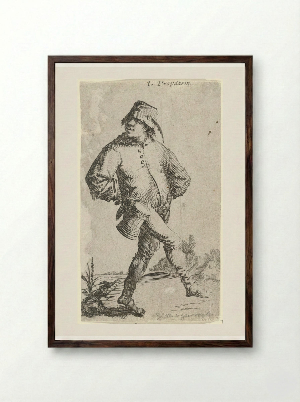 Dansende boer met kroes en mes - Salomon Savery - Framed Print Dark Wood