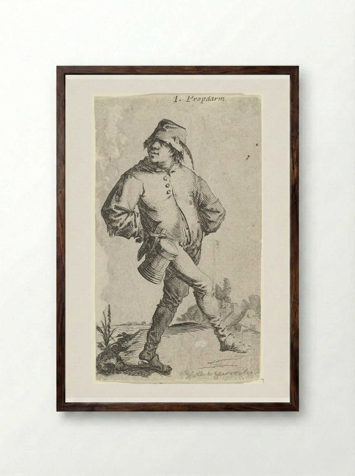 Dansende boer met kroes en mes - Salomon Savery - Framed Print Dark Wood