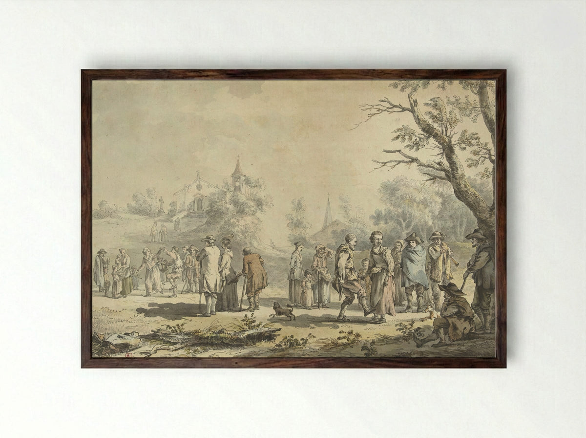 Dansende landlieden en toeschouwers bij een dorp - Jean-Jacques de Boissieu - Framed Print Dark Wood