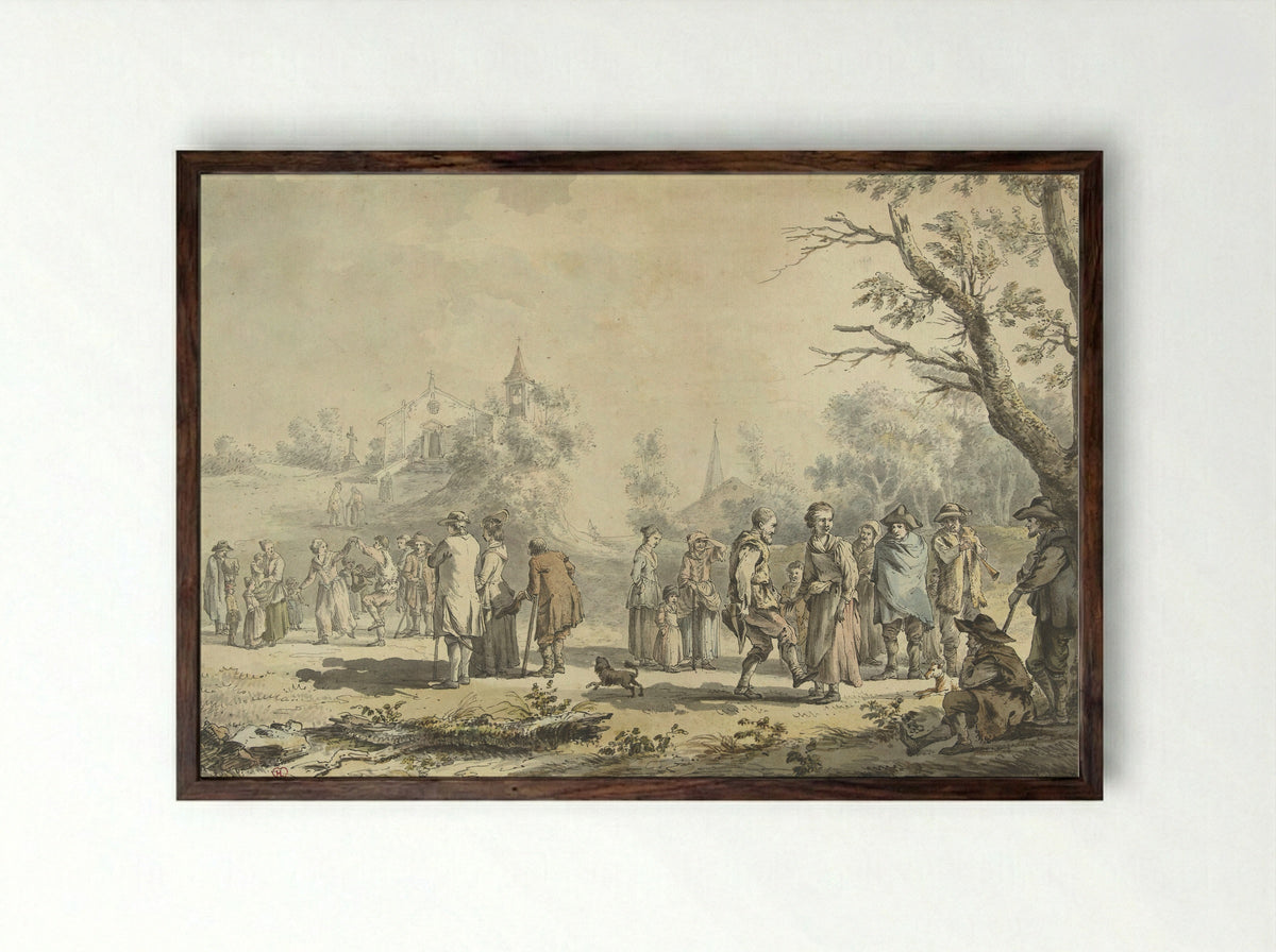 Dansende landlieden en toeschouwers bij een dorp - Jean-Jacques de Boissieu - Framed Print Dark Wood