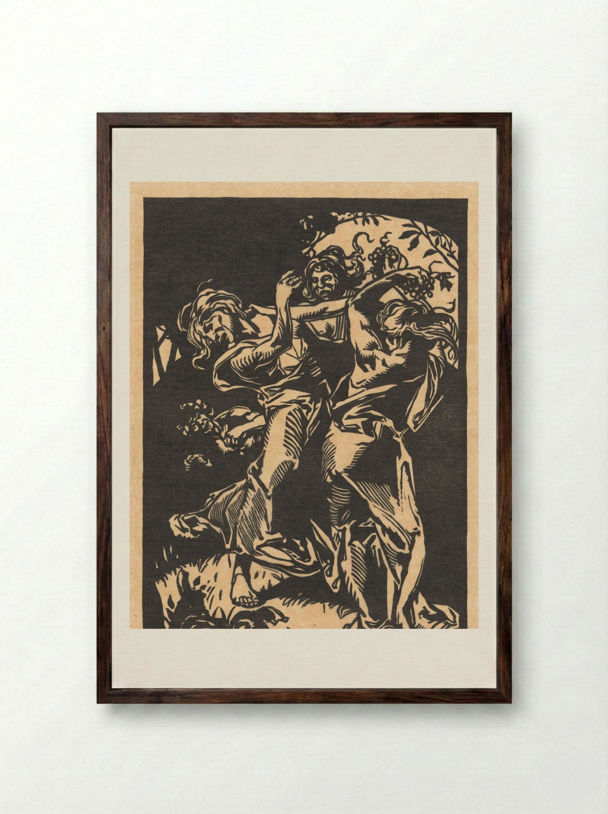 Dansende vrouwen met druiventrossen en sater - Johannes Josephus Aarts - Framed Print Dark Wood
