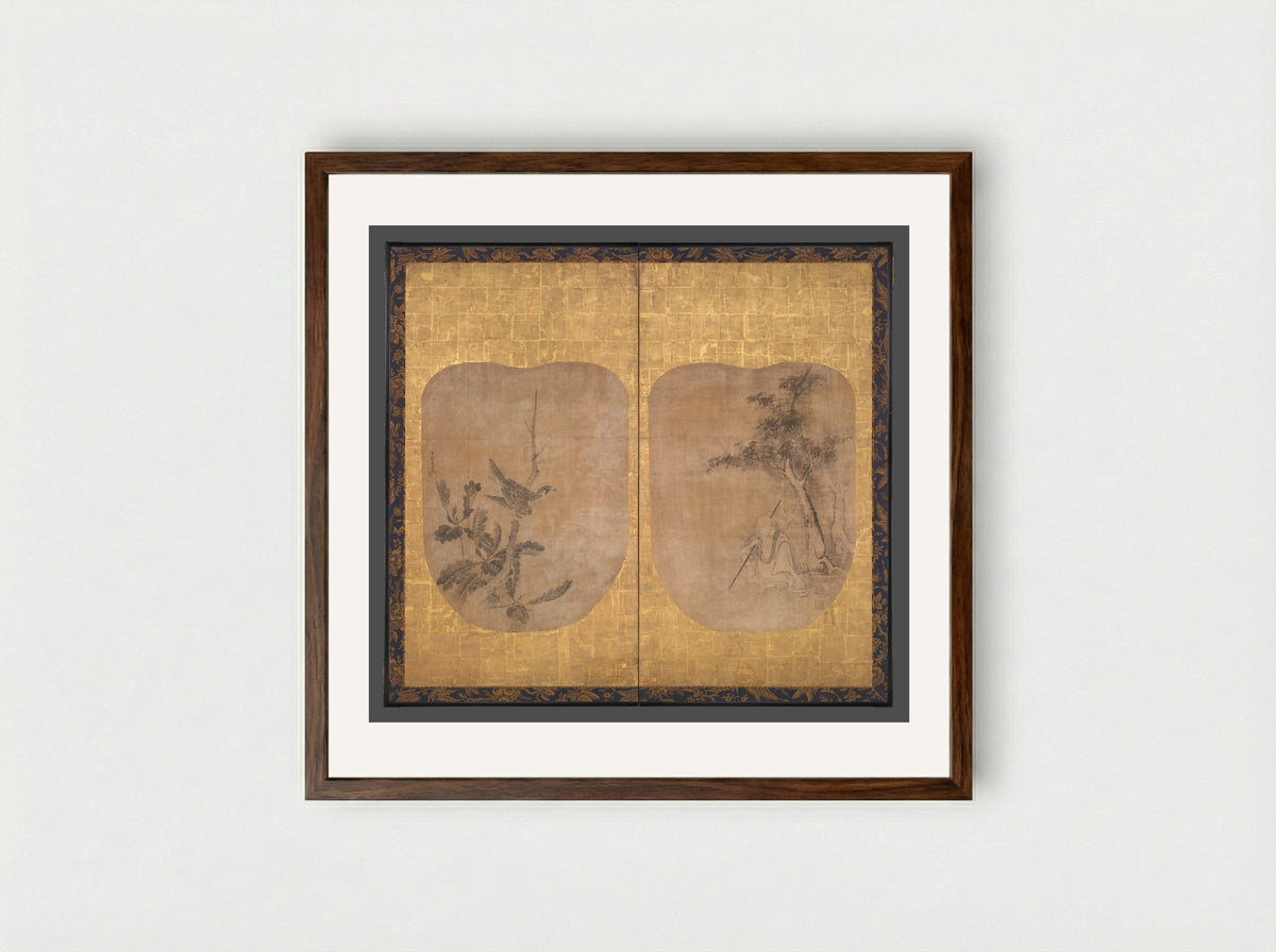 Daoist Sage and Hawk - Soga Nichokuan - Framed Print Dark Wood