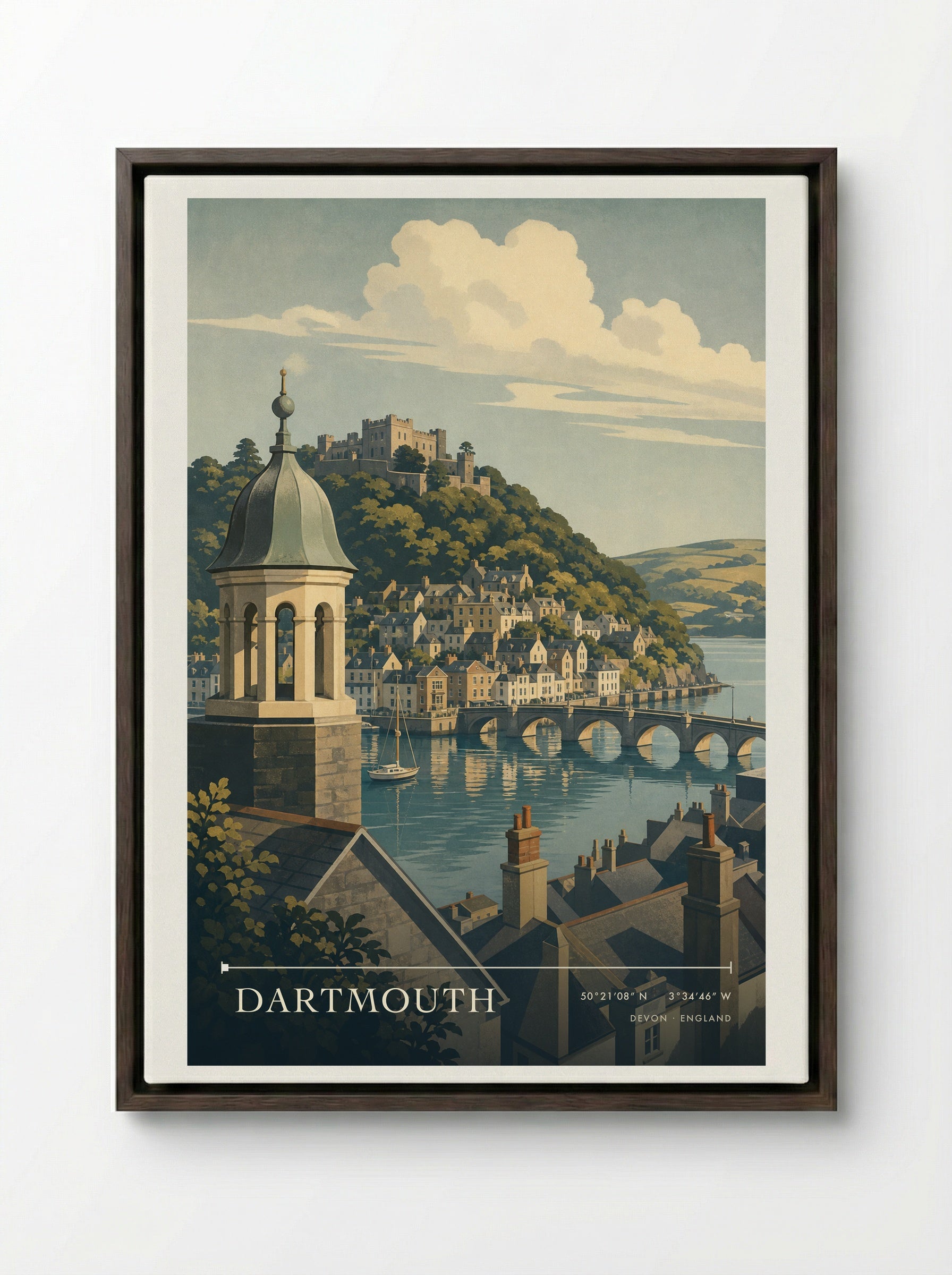 Dartmouth Devon England Travel Poster - Framed Canvas Dark Wood