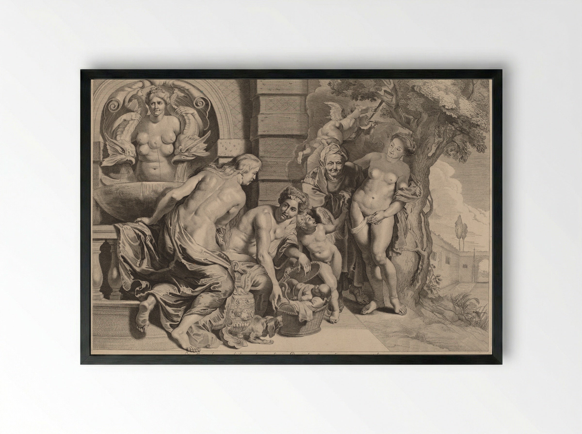 Daughters of Cecrops Disclosing Erichthonius in a Basket - Pieter van Sompel - Framed Print Black