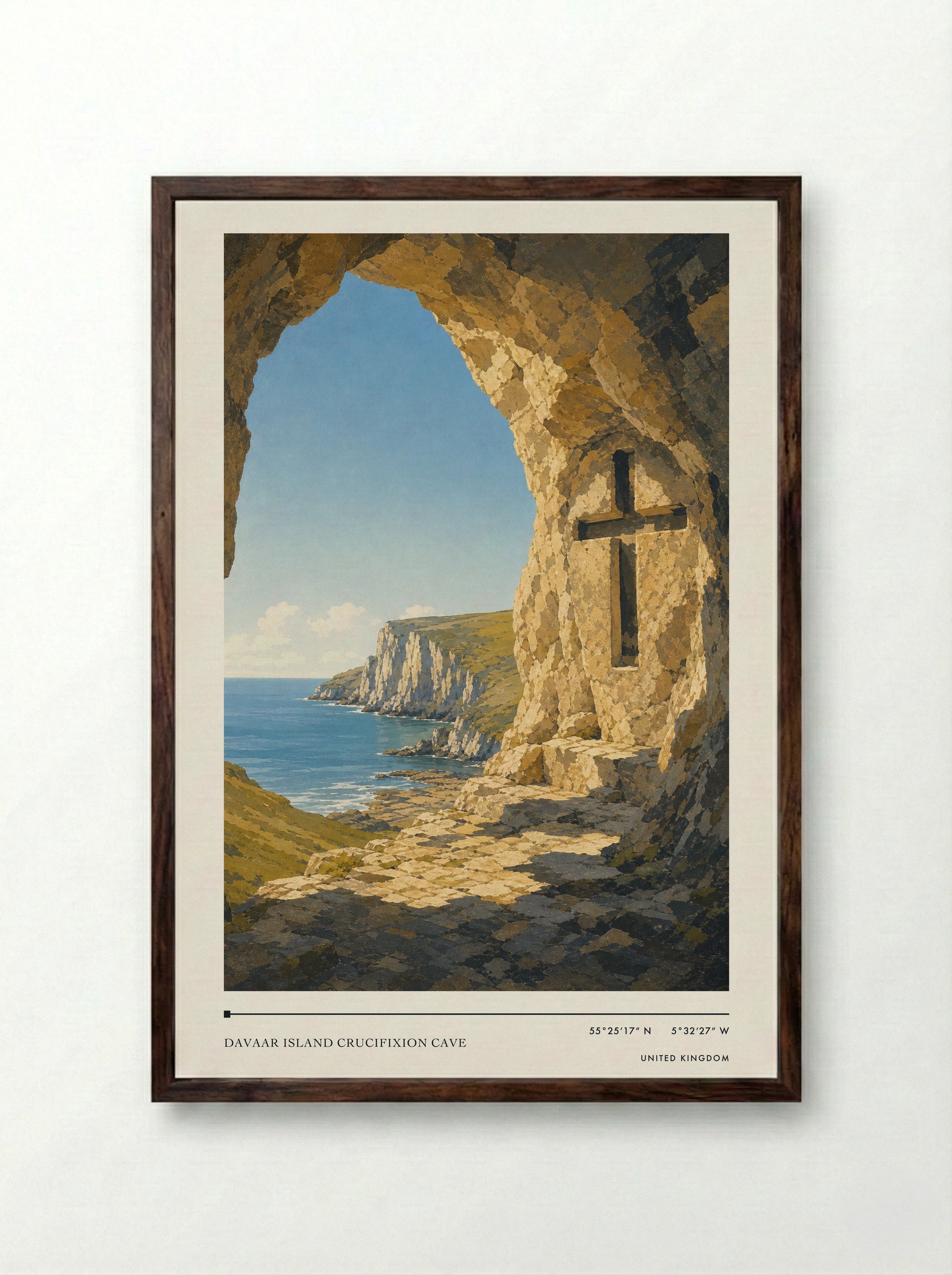 Davaar Island Crucifixion Cave United Kingdom Travel Poster - Framed Print Dark Wood
