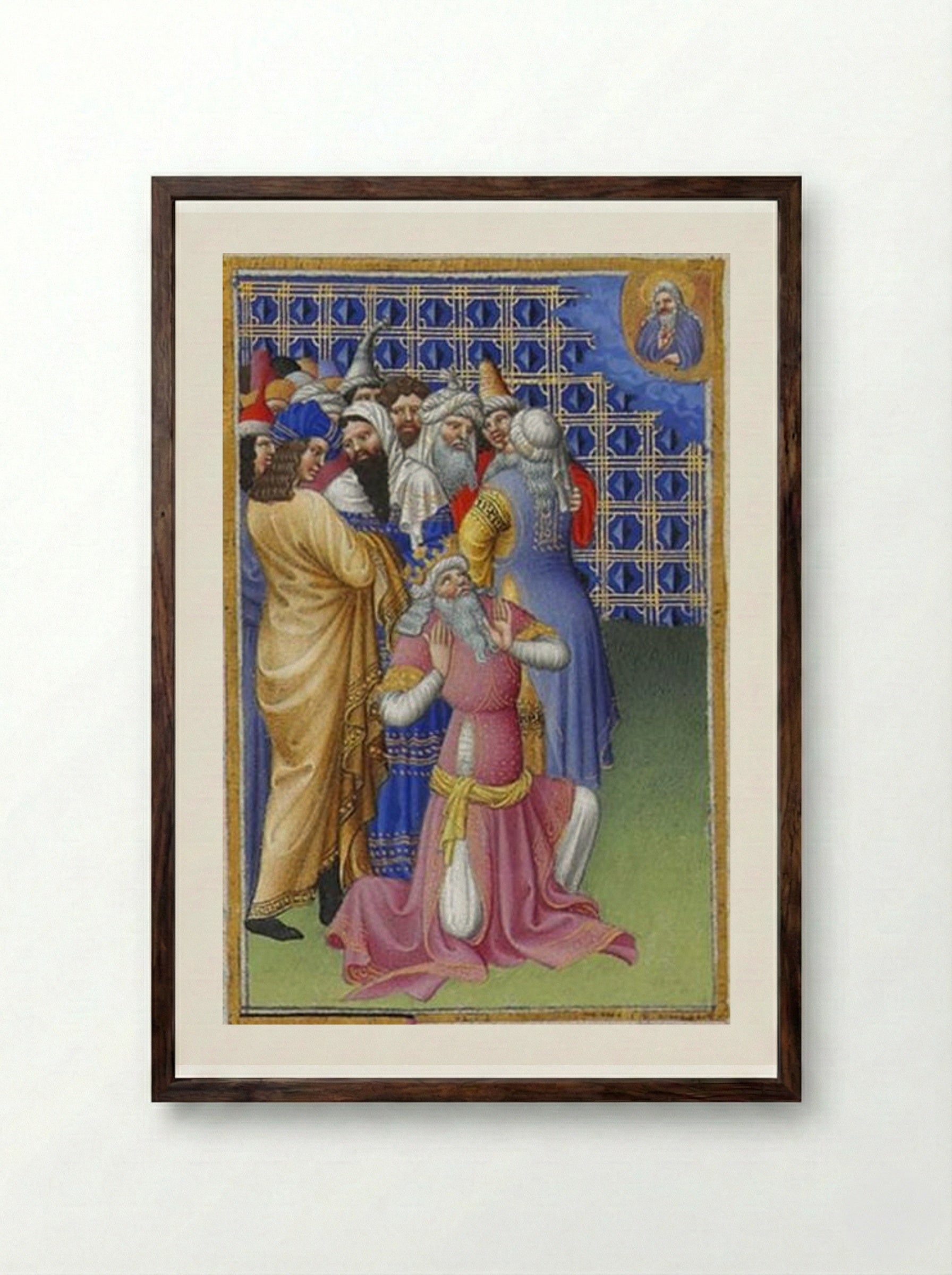 David Beseeches God Against Evildoers - Limbourg brothers - Framed Print Dark Wood