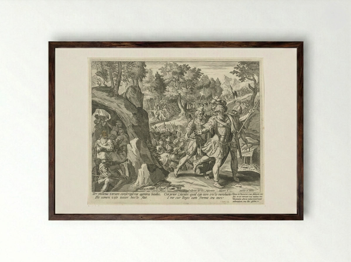 David Hiding from the Army of Saul - Aegidius Sadeler (II) - Framed Print Dark Wood